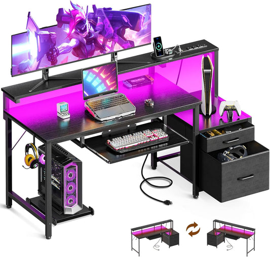 AODK Computer Desk with Drawers and Keyboard Tray, 55" Office Desk with Power Outlet and LED Lights, Reversible Study Work Desk with Printer Shelf and PC Stand for Home Office, Black