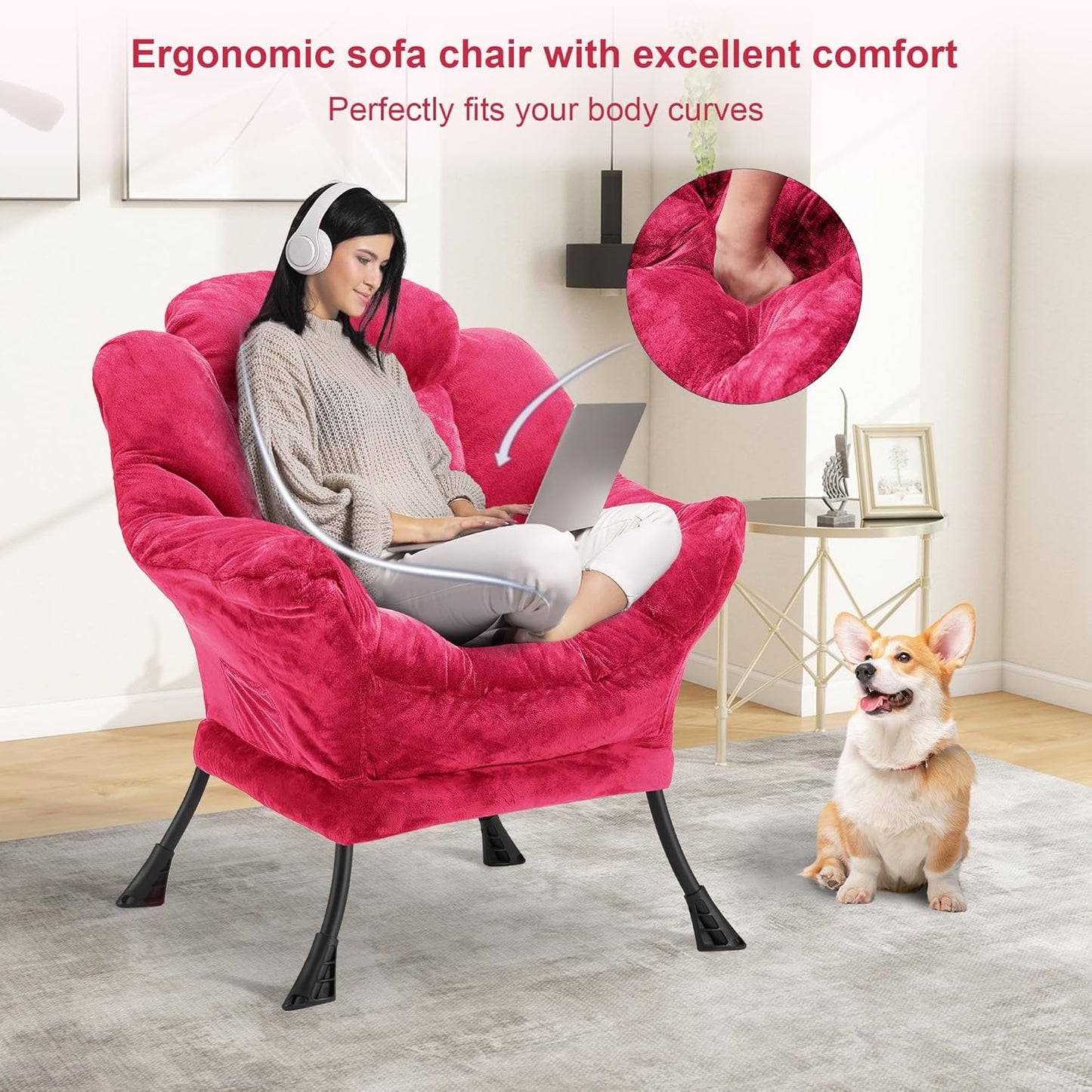 Fabric Lazy Chair for Adults, Oversized Upholstered Sofa Chair, Plush Comfy Lounge Chair with Large Side Storage Pocket, Thick Padded Reading Chair for Living Room, Bedroom, Office, Rose Red