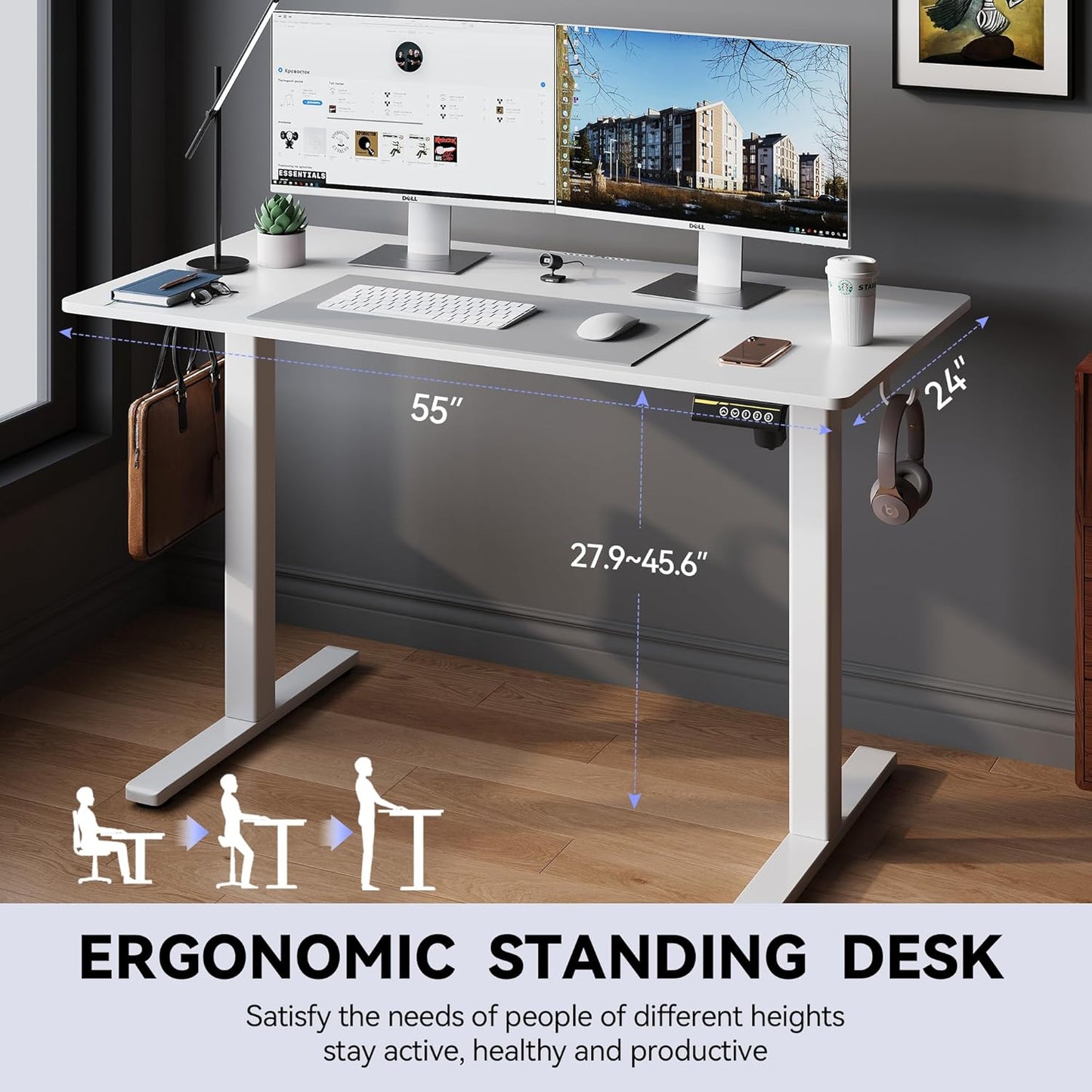 Electric Standing Desk Adjustable Height 55"x24" Stand Up Desk with Lockable Wheels Ergonomic Sit Stand Desk for for Work Office Home Computer Workstation (White)