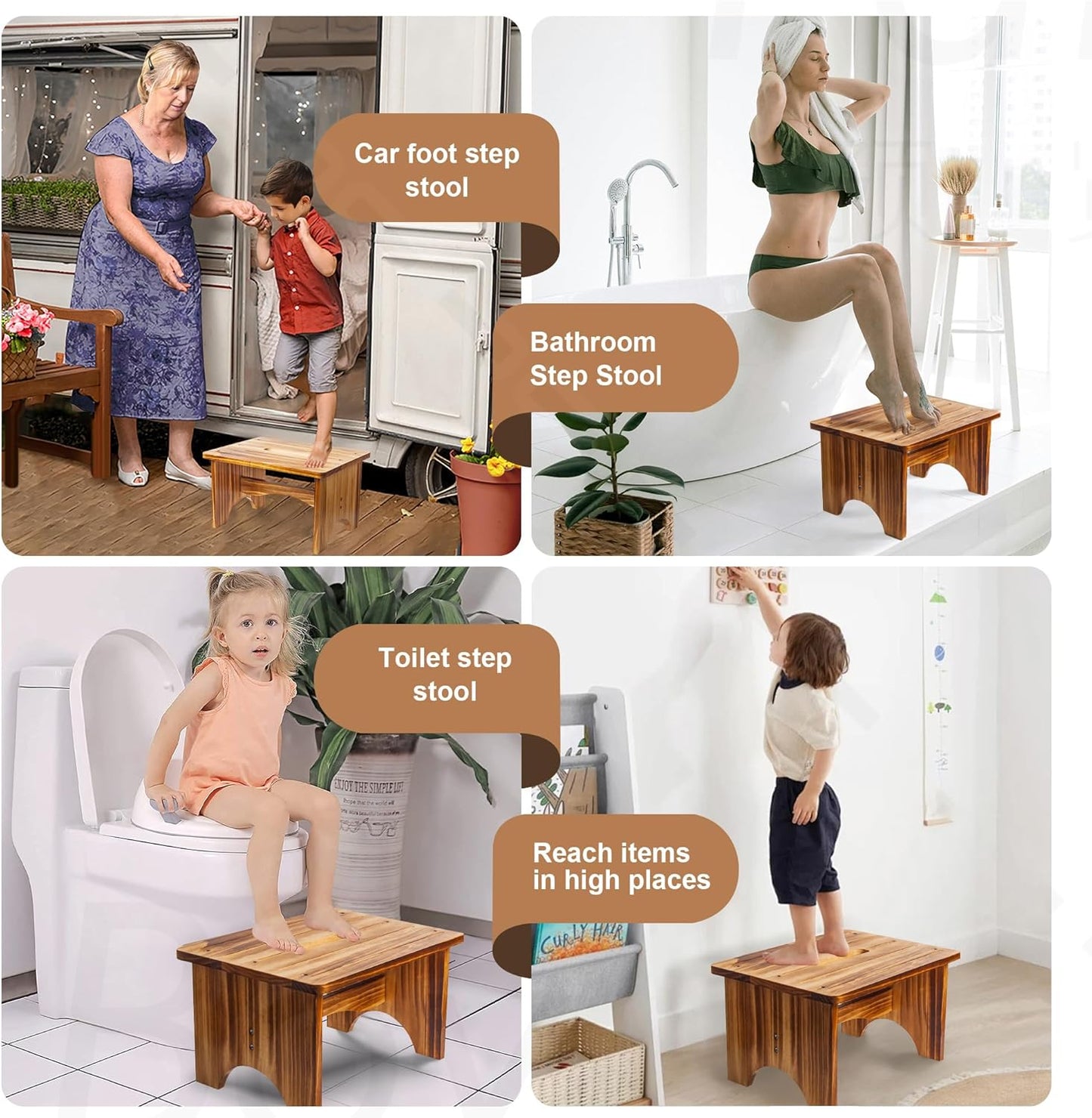 Wooden Step Stool for Adults, 9" Portable Wood Step Stool for Kids, Heavy Duty One Step Bedside Stool with 550 Lbs Load Capacity, Non-Slip White Foot Stool for Kitchen Bathroom Bedroom