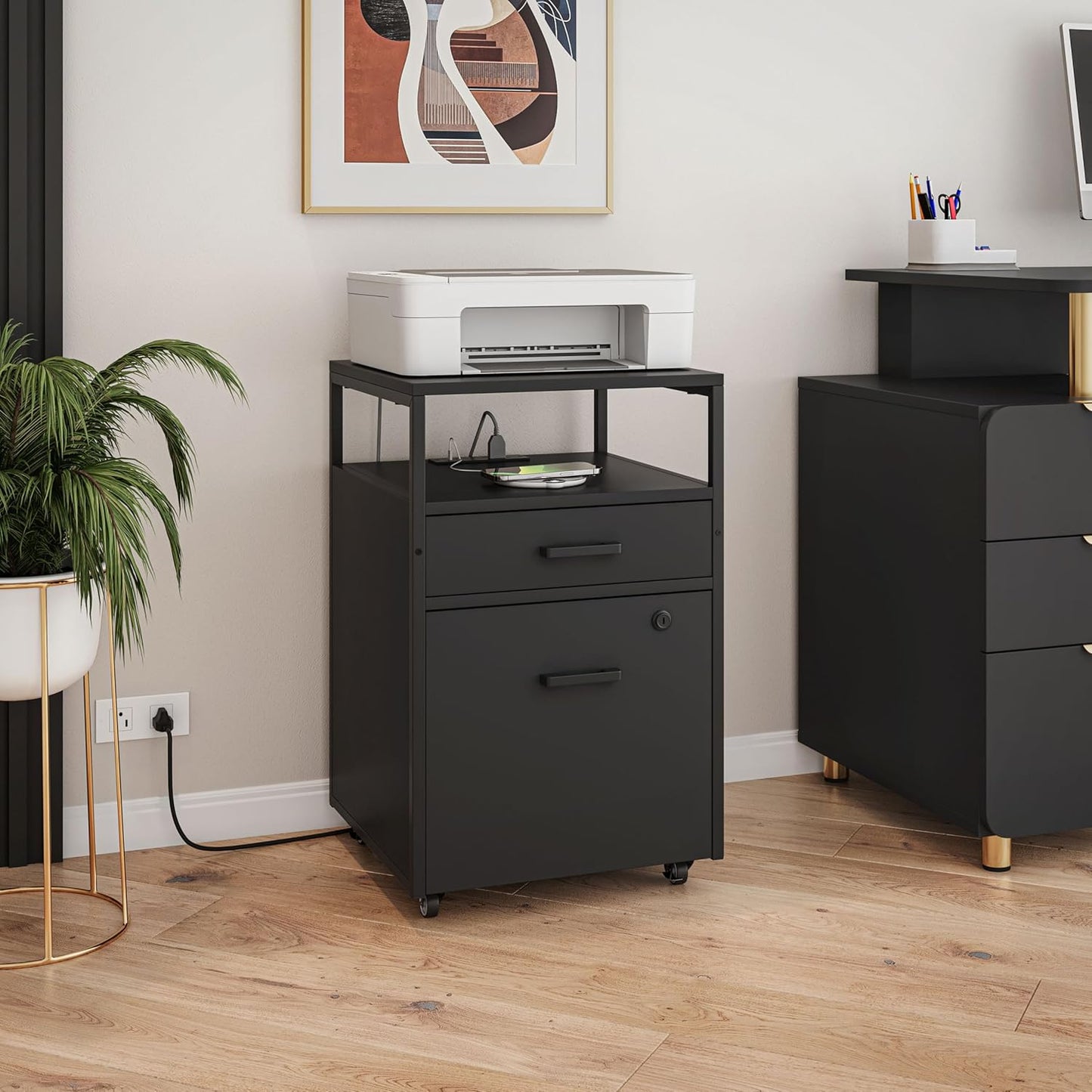 Techni Mobili Modern 2-Drawer Rolling File Cabinet with Lock, 2 USB Ports and Power Outlet for Device Charging, Portable File Organizer or Printer Stand for Office or Home with Locking Wheels, Black