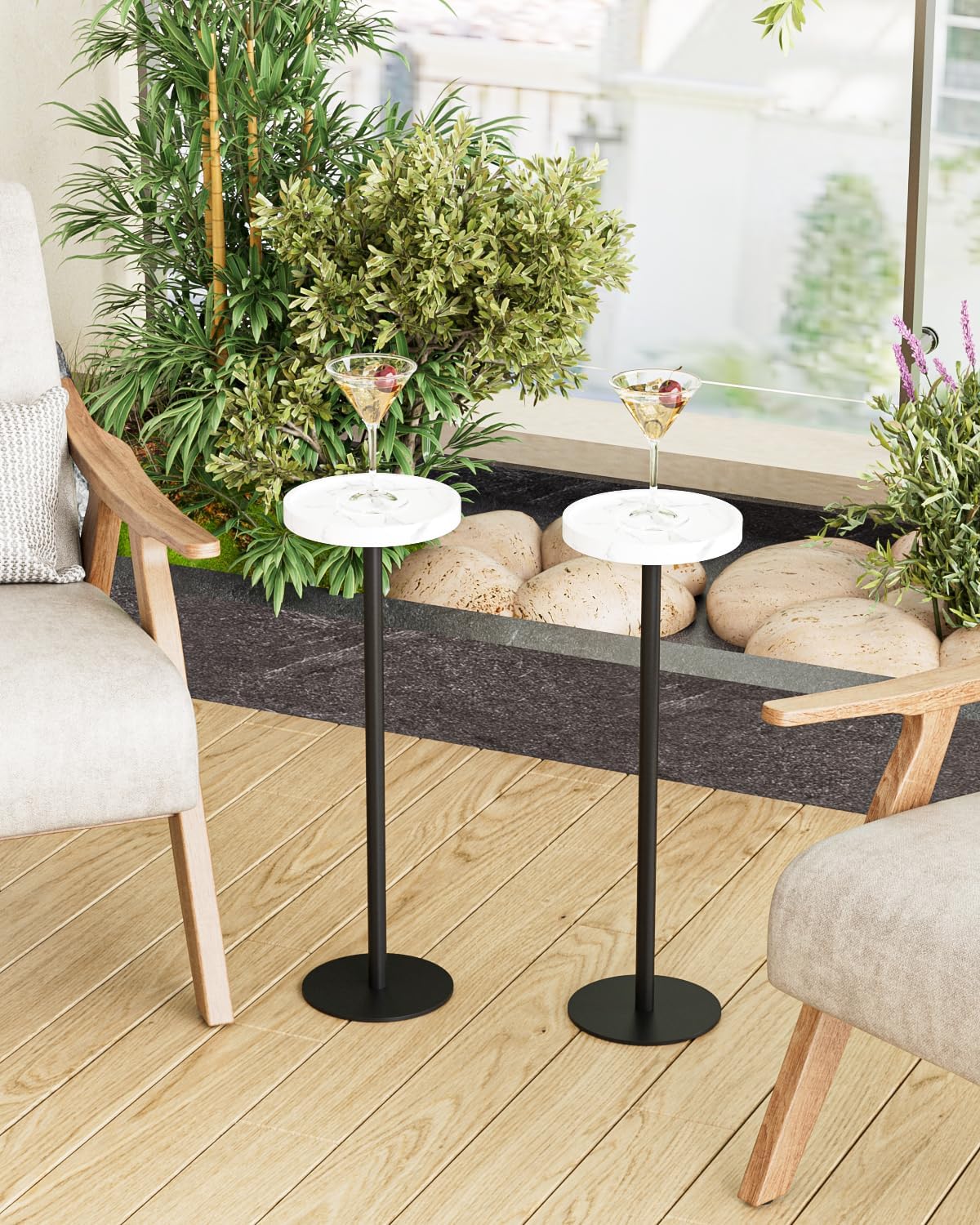 Drink Table, Small Pedestal Side Table, Round Cocktail Table, Circle Accent End Table with Metal Base, for Small Spaces (2, White Marble)