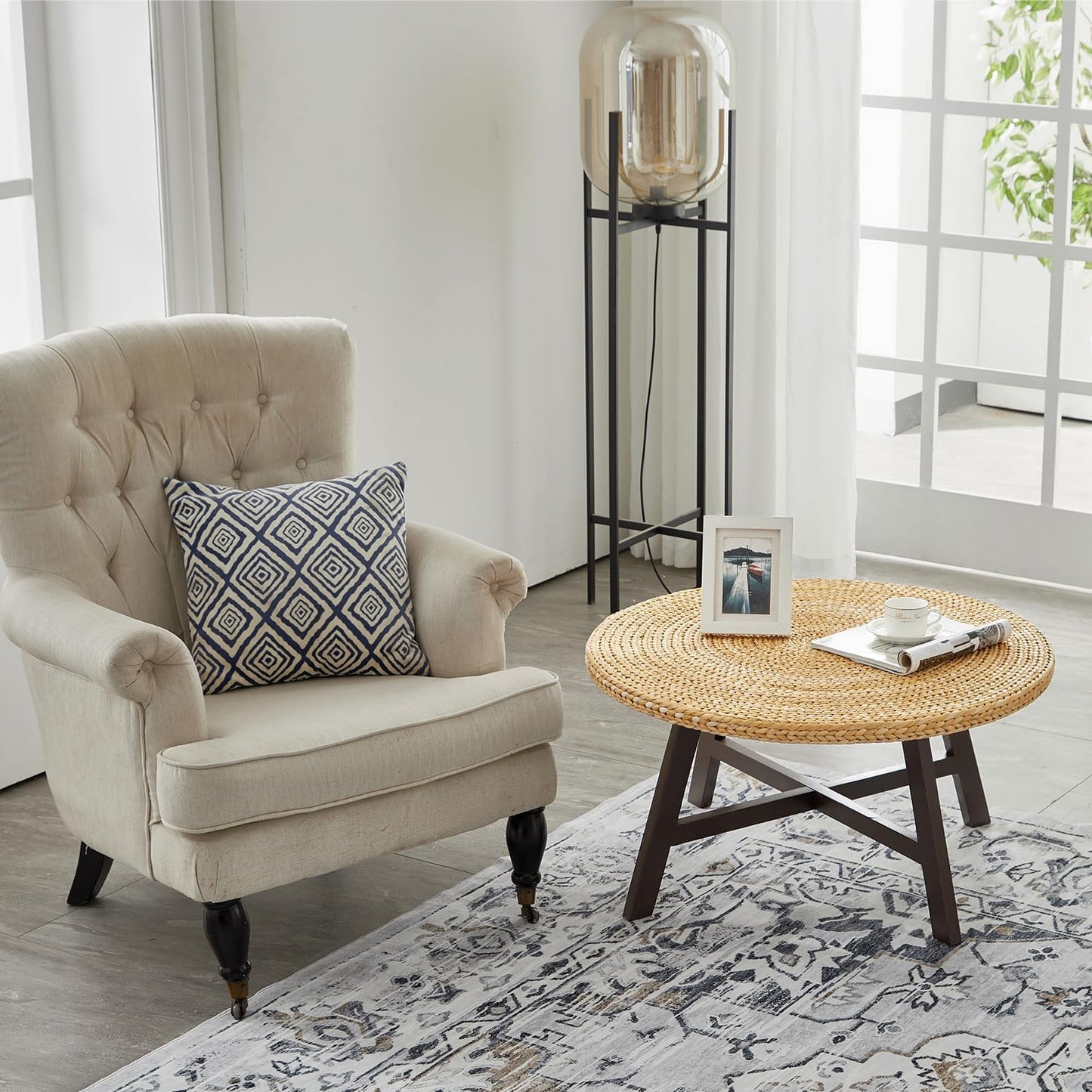 RANDEFURN Coffee Table Round, Seagrass Coffee Tables,Pine Wood X Base Frame Cocktail Table, Easy Assembled, Multiple Sizes for Living Room, Solid Wood Table,32 x 17 Inches,Natural