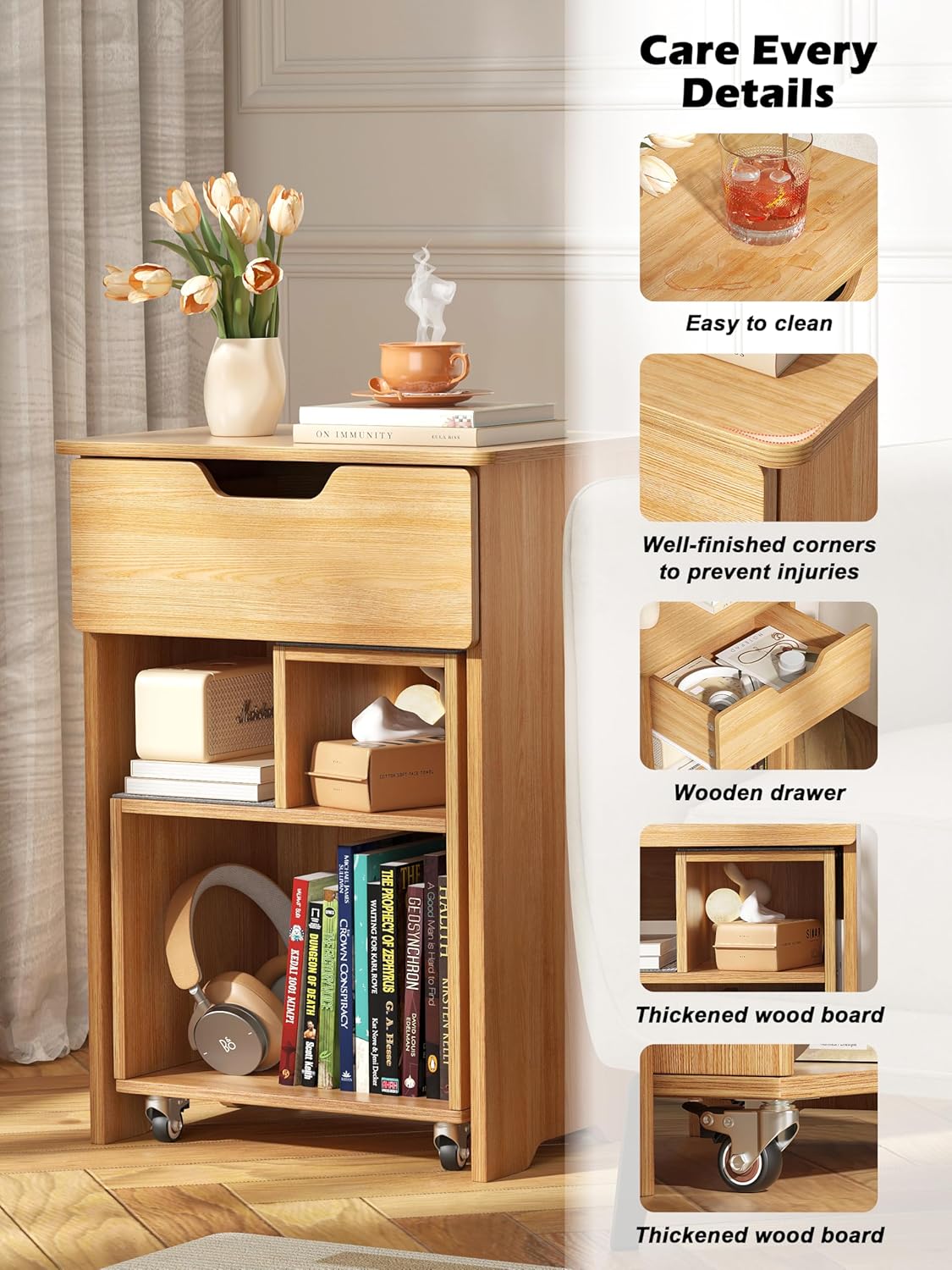 End Table Small Night Stand for Small Spaces Narrow Side Tables Bedside Table with Drawer Rolling Open Storage Shelf Accent Vintage Farmhouse Nightstand with Wheels for Living Room Bedroom Balcony