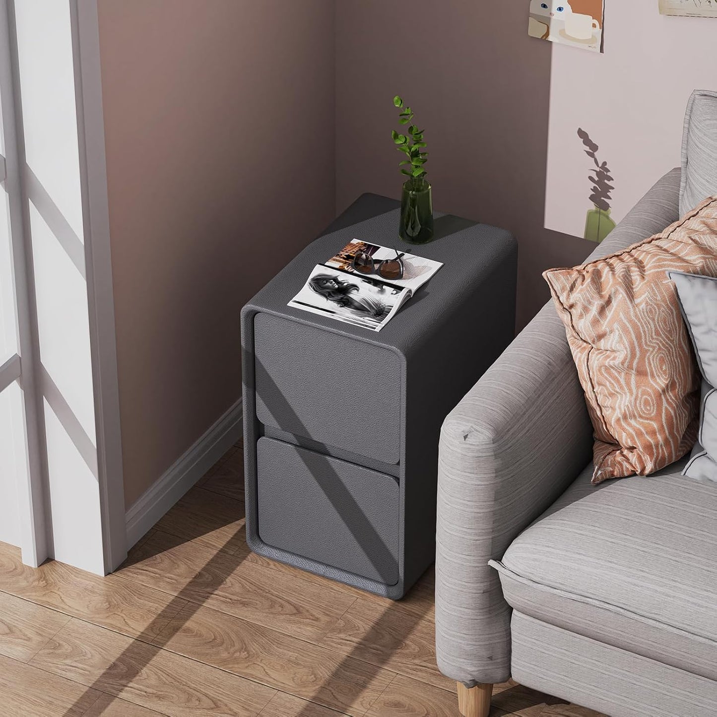 VICITON Modern Narrow Faux Leather Nightstand, Solid Wood Drawer, Storage Accent Table, Small Side End Table for Bedroom (Gray, Nomal(12 inch))