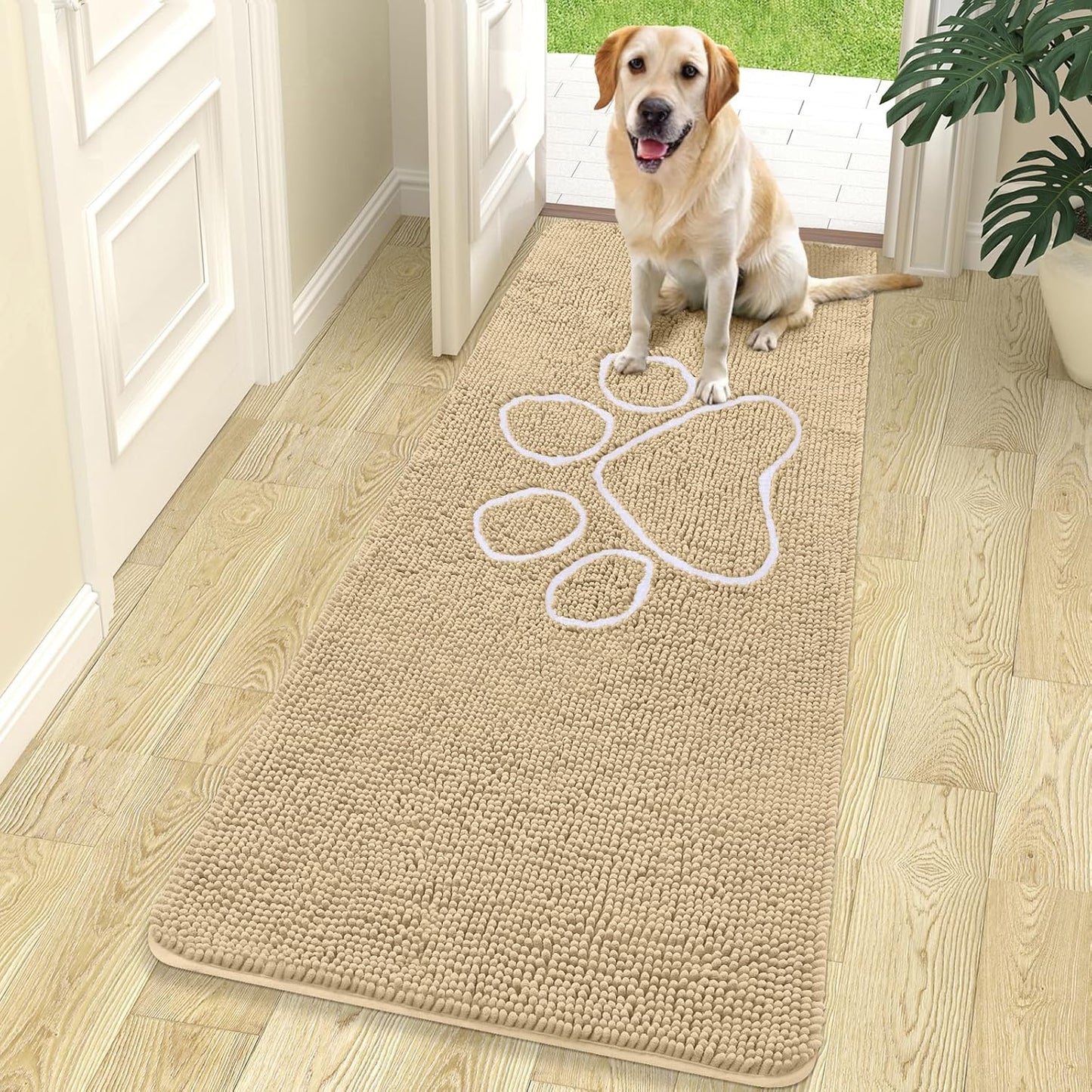 OLANLY Door Mat for Muddy Dog Paws 70x24, Ultra Absorbent Chenille Mud Doormat with Paw Print Design, Non-Slip Washable Doormat for Indoor Entryway, Quick-Dry Pet Bed Mats for Dirty Dogs, Beige