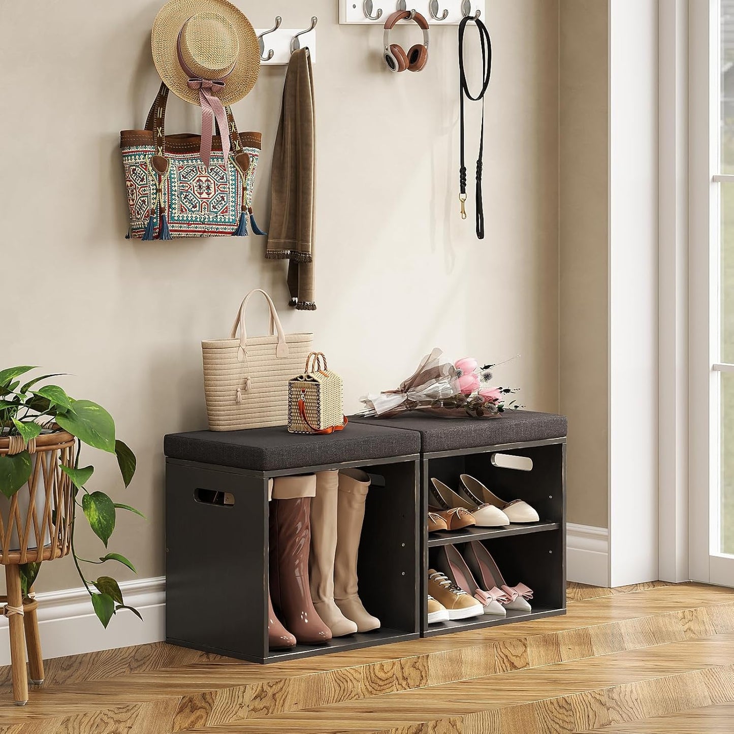 Bamboo Small Shoe Bench for Entryway 2 Tier Shoe Storage Bench with Cushion Adjustable Shoe Rack with Padded Seat for Living Room Hallway (Antique Black)