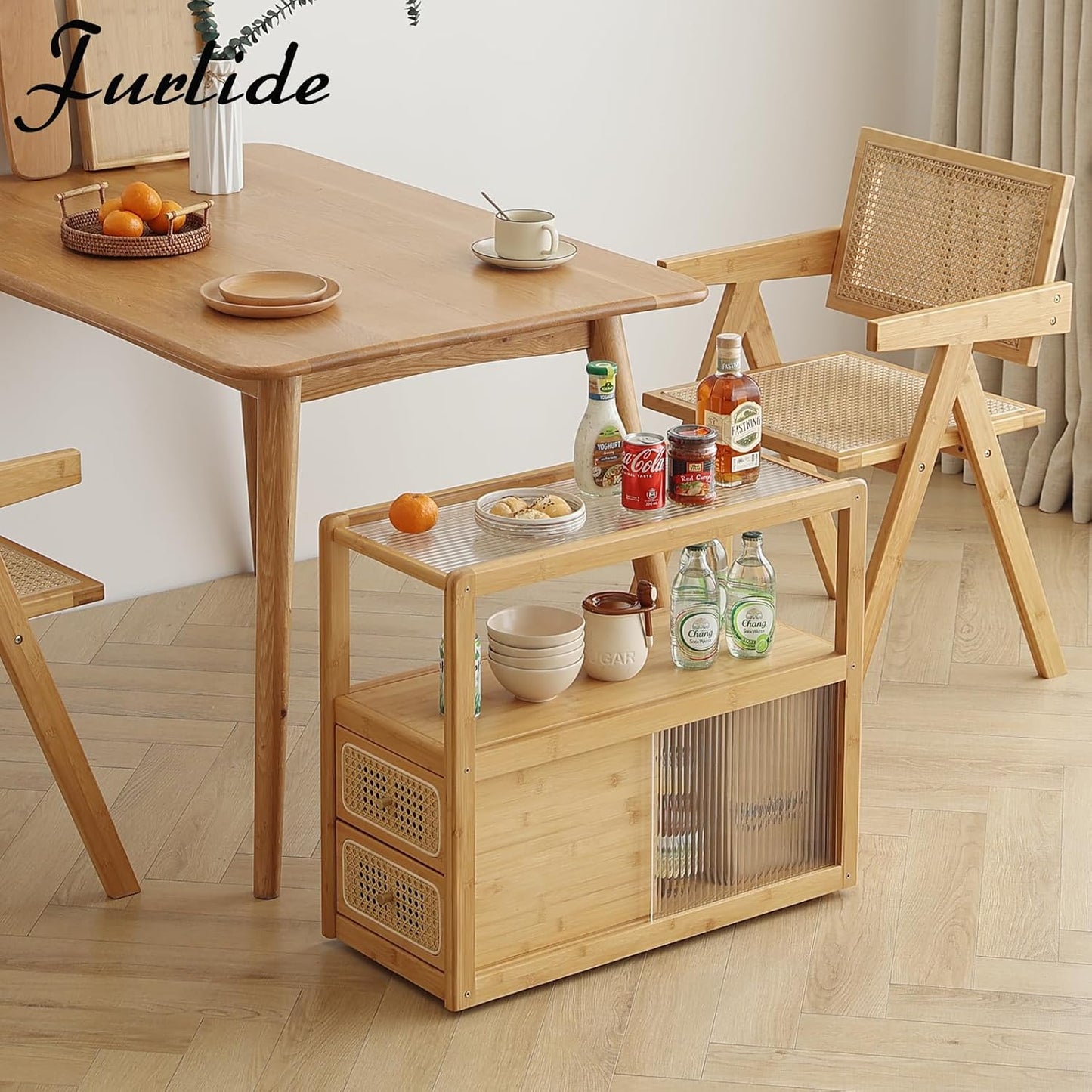 Rattan Nightstand Side Table with Storage, Bamboo Nightstand Bedside Table, Glass Mid Century Modern End Tables for Small Spaces, Living Room, Bedroom，Wood