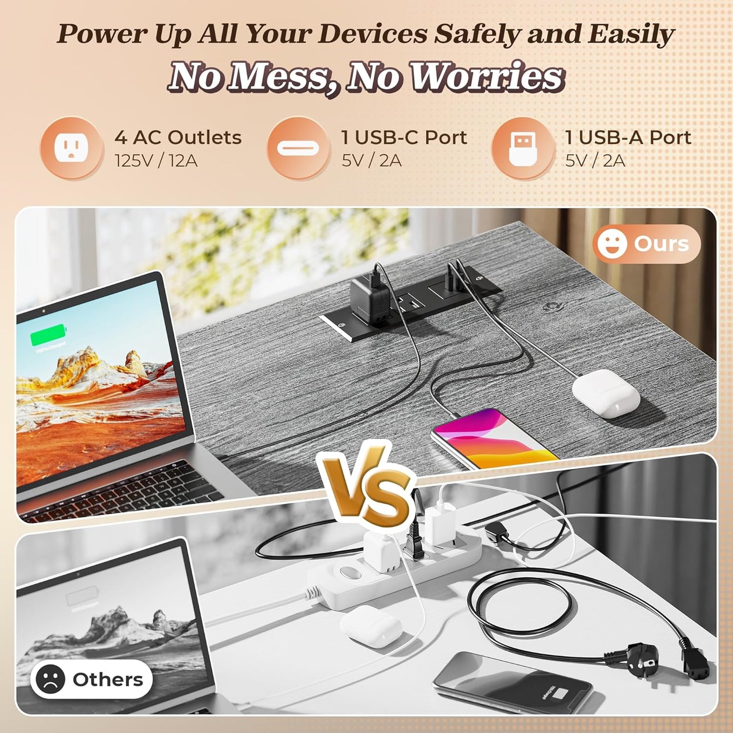 PRAISUN 43.3" Small Computer Desk with Power Outlets and USB-C Port, Reversible L Shaped Corner Office Desk with 4 Fabric Drawers and 2 Height-Adjustable Shelves, for Gaming Writing, Grey