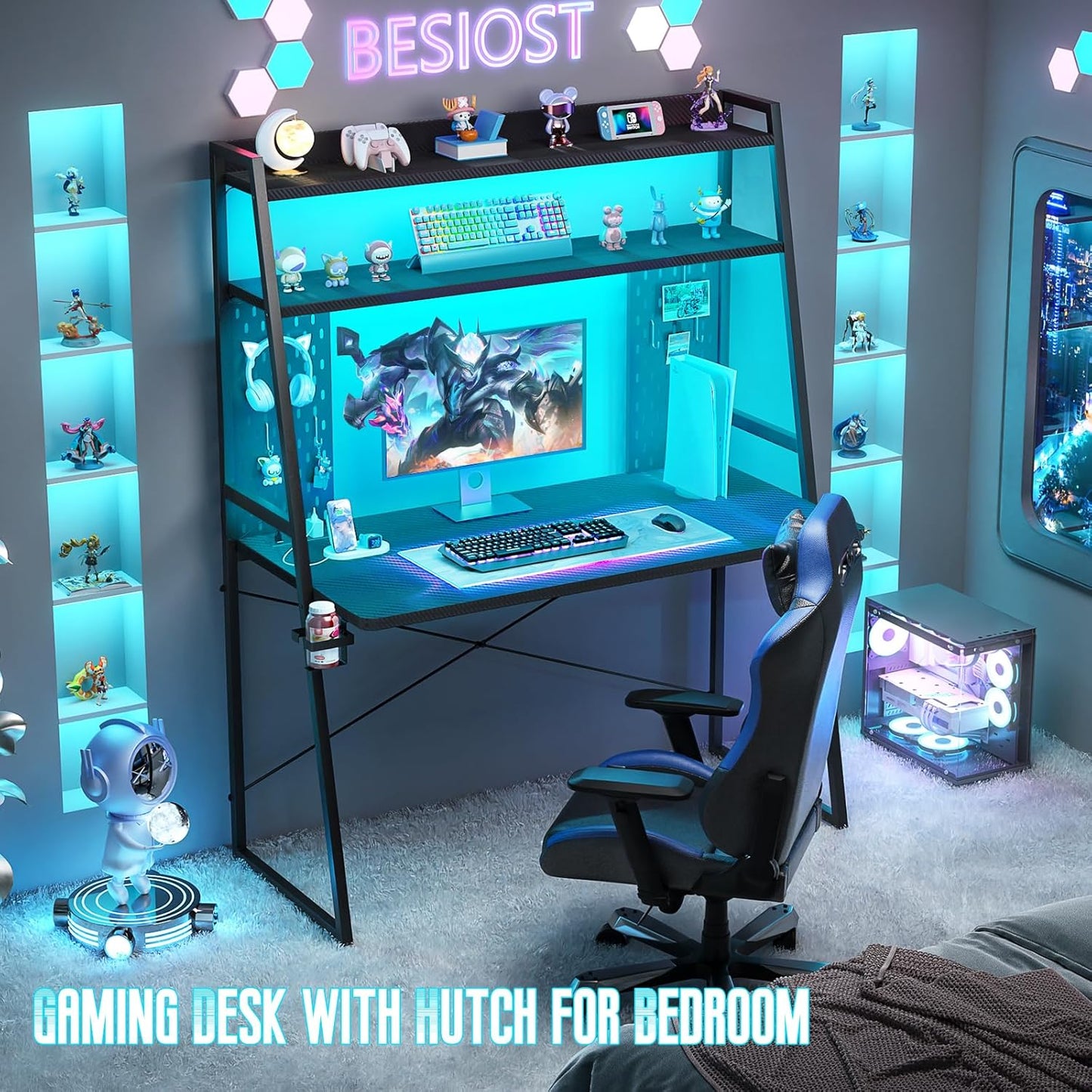 Small Gaming Desk with Hutch and LED Lights, Gaming Computer Desk with Power Outlets, Gamer Desk with Storage Shelves, Game Desks with Pegboards for Bedroom Small Spaces, Black, 43"