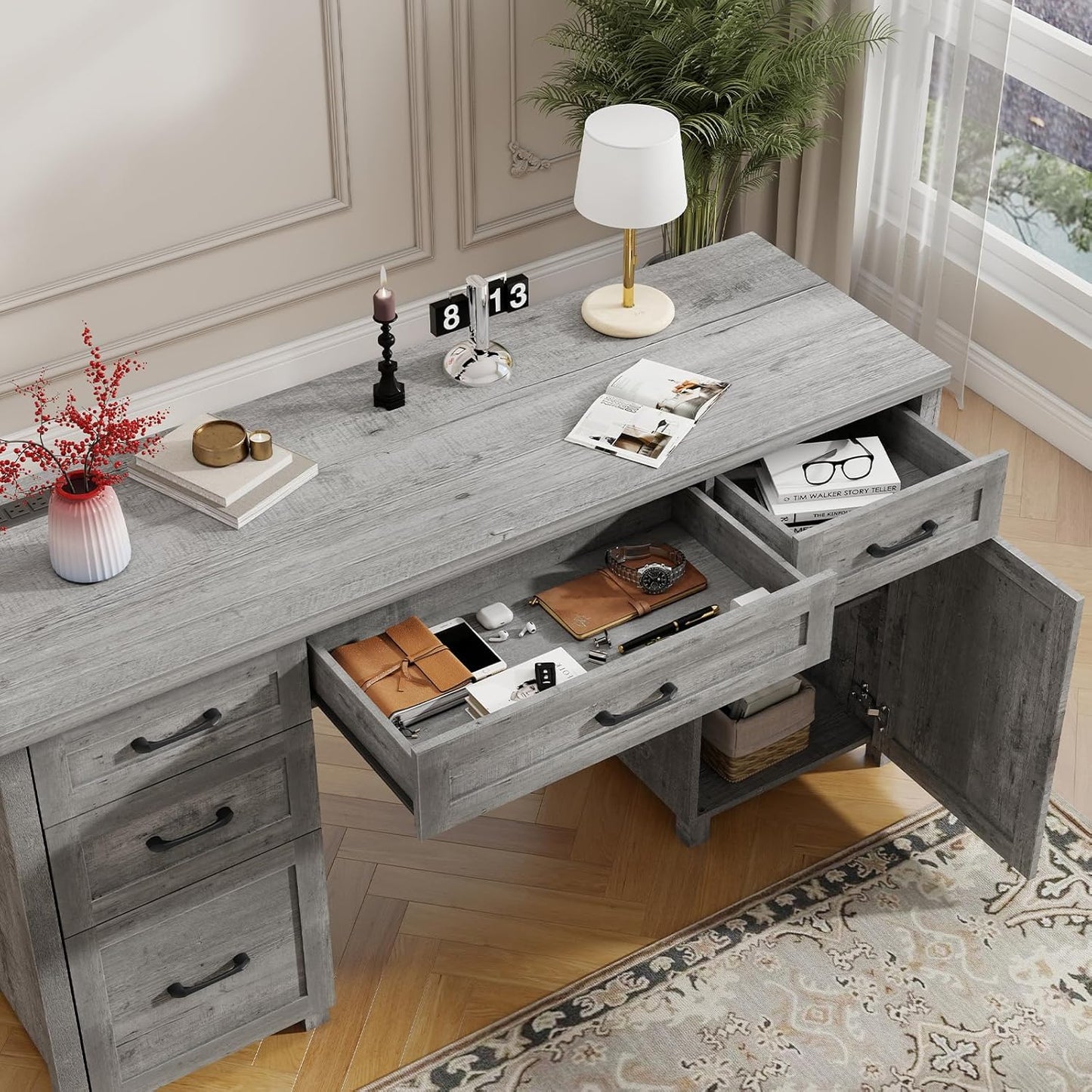Farmhouse 61'' Executive Desk with 5 Drawers, Rustic Office Desk Computer Desk with Charging Station, File Drawers and Storage Cabinet, Wood Workstation for Study and Home Office,(Grey)
