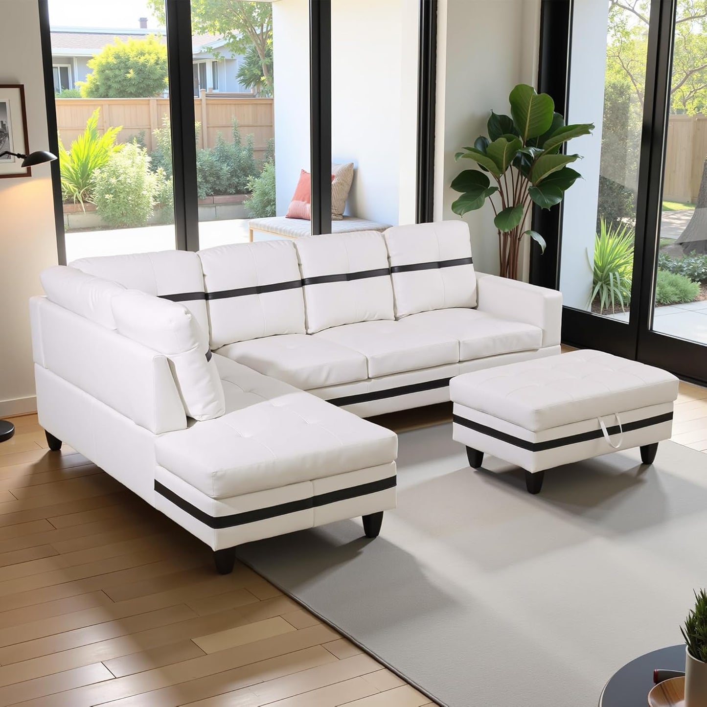 103.5" Oversized Sectional Couch, L Shaped Couch with Storage Ottoman, Modern Modular Sofa with Deep Seat, Sectional Couches for Living Room and Office, White and Black (PU Leather)