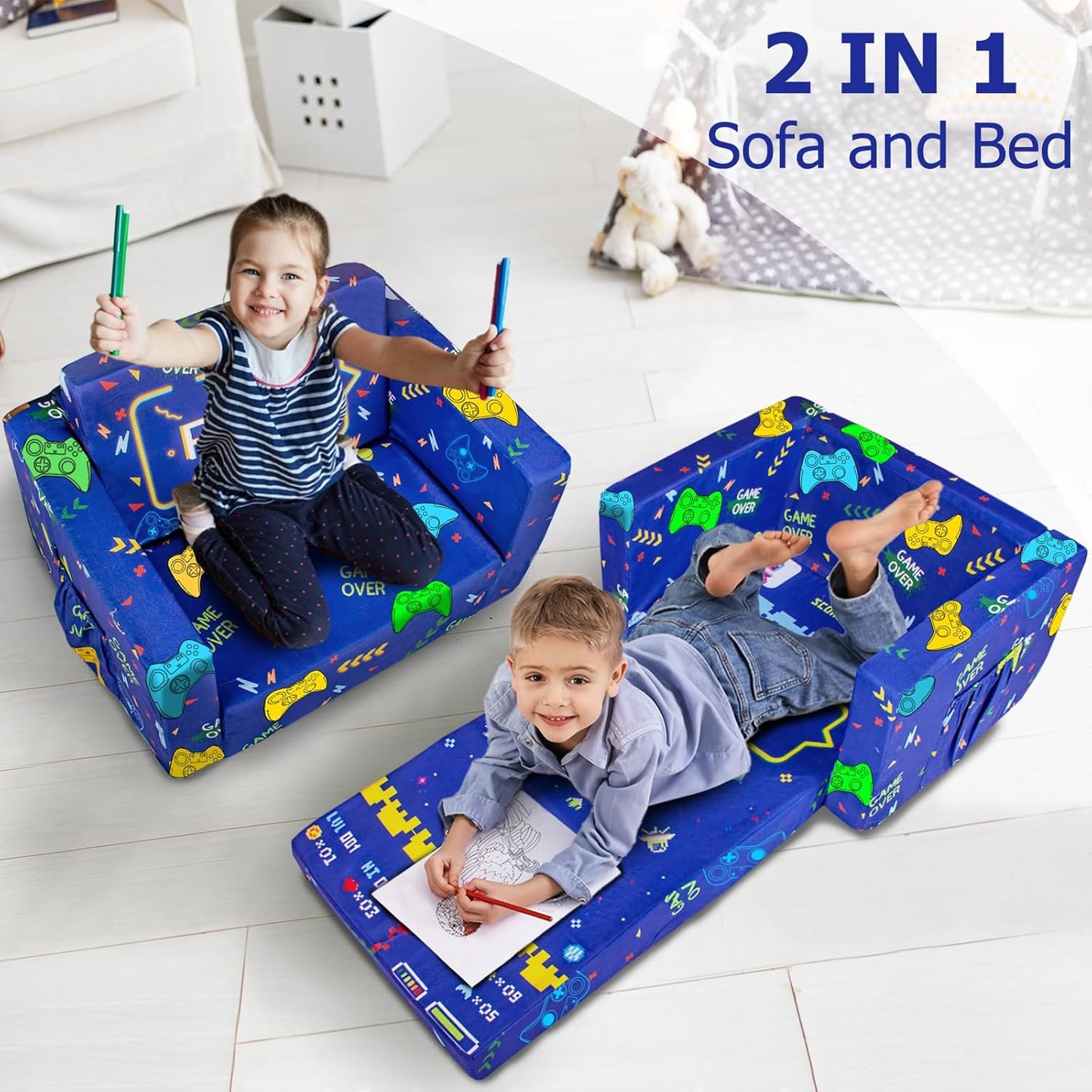 Kids Couch, 2-in-1 Kid Fold Out Couch, Convertible Kids Sofa to Lounger for Girls and Boys, Soft Toddler Chairs Comfy 1-3 Years Old(Gamepad)