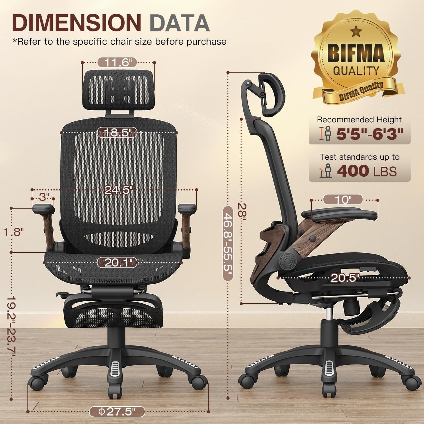 GABRYLLY Ergonomic Office Chair with Footrest, High Back Mesh Computer Chair with Flip-Up Arm, 3D Headrest, 135° Reclining, Rolling Gaming Task Chair with Wide Seat Lumbar Support,400LBS