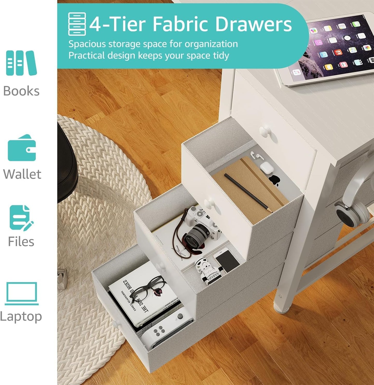 Lufeiya White Computer Desk with Fabric Drawers & Storage Shelves, 63 Inch Study Work Writing Desk for Home Office Bedroom, Simple Modern Cute PC Desks Table, White