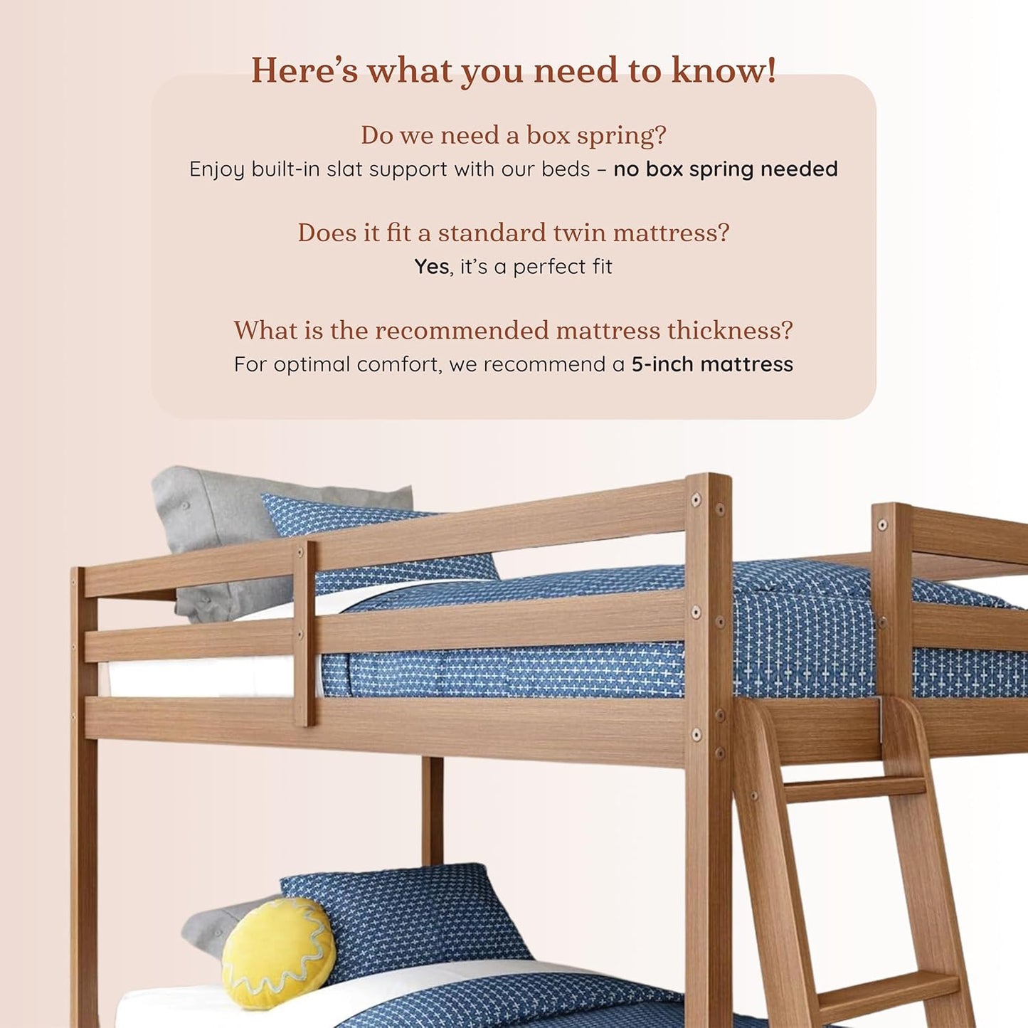 Grain & Grove Bear Twin Over Twin Bunk Bed, Low Bunk Bed Frame for Kids, Bunk with Ladder, Guardrail, and Slats, No Box Spring Required, Oak Embossed Pecan