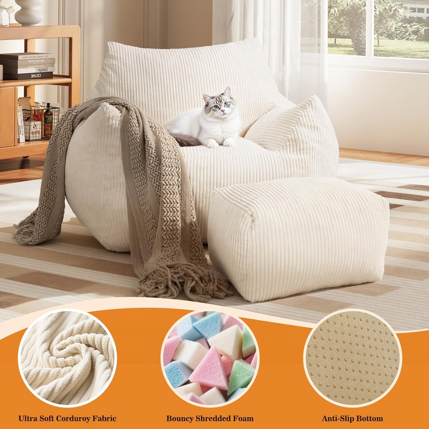 Big Bean Bag Chair for Adults & Kids, Ultra Soft Living Room Bean Bag with Armrests & Ottoman, Stuffed BeanBag Floor Sofa for Napping, Gaming, Lounging, Beige