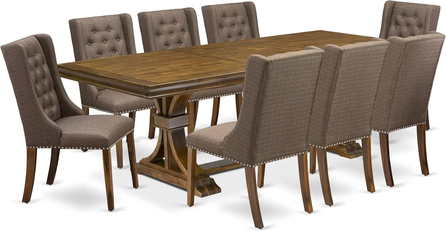 LEFO9-AWA-18-9-Piece Kitchen Table Set Includes a Breakfast Table and 8 Brown Linen Fabric Parson Chairs with Button Tufted Chair Back - Antique Walnut Finish.