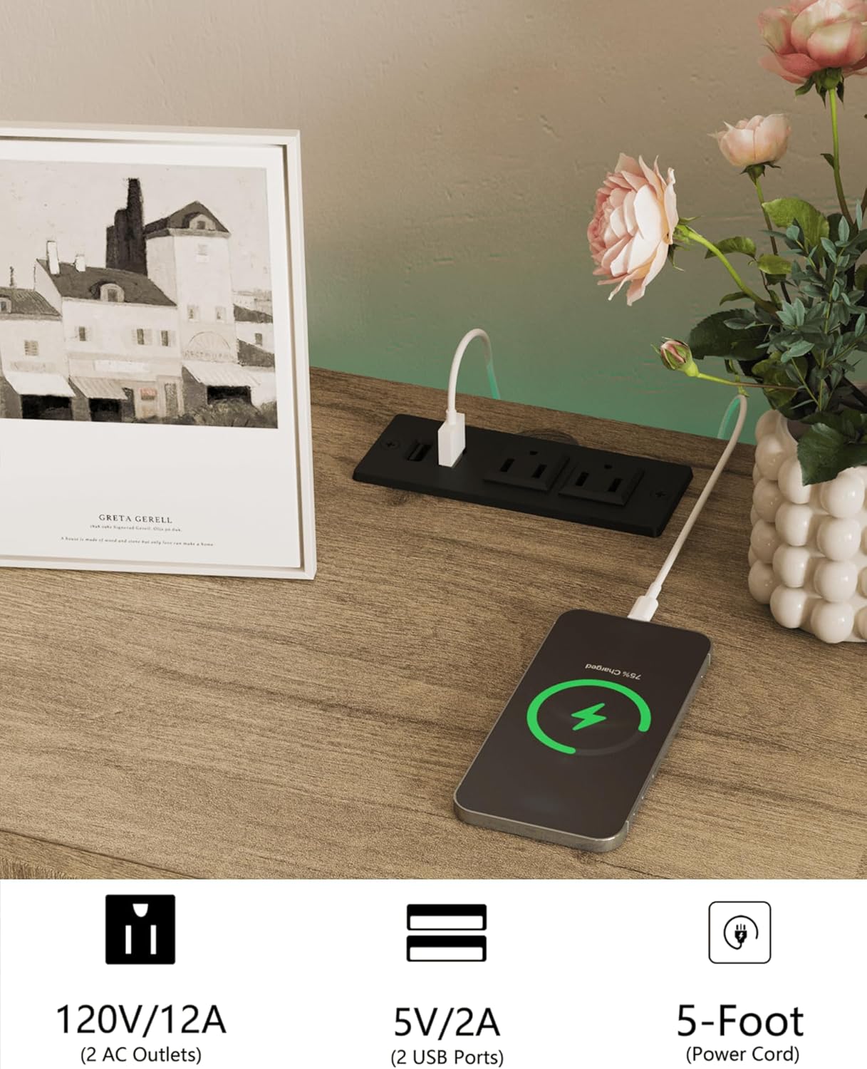 Nightstand with Charging Station and LED Lights,Modern Bedside Table with 2 Storage Drawer,Night Stand with Solid Wood Legs,White (Grey Osk)