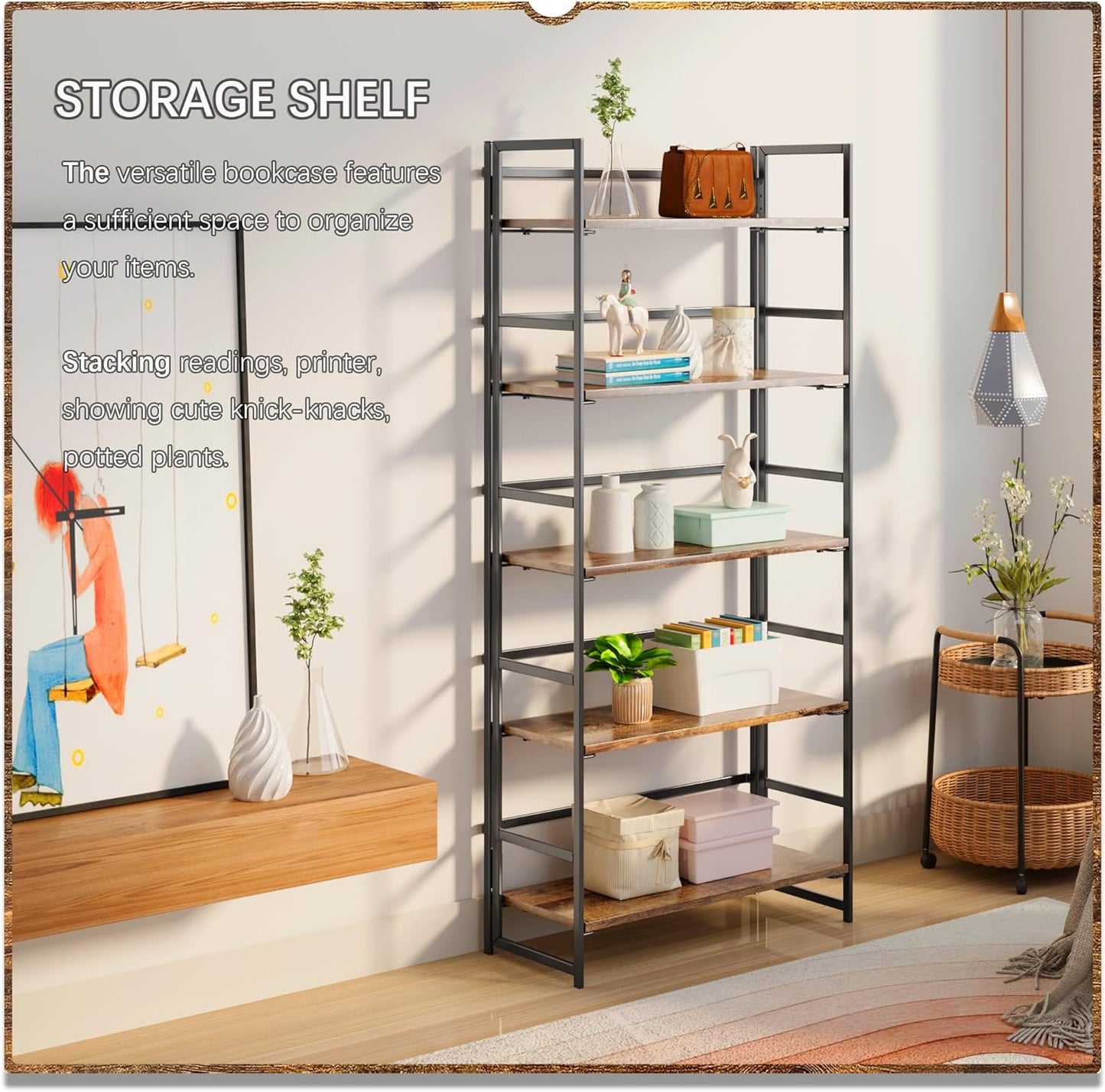 4NM No Assembly 5 Tiers Book Shelves, Black Folding Bookshelf Bookcase Open Industrial Foldable Shelves for Bedroom, Living Room, Home Office - Rustic Brown Black