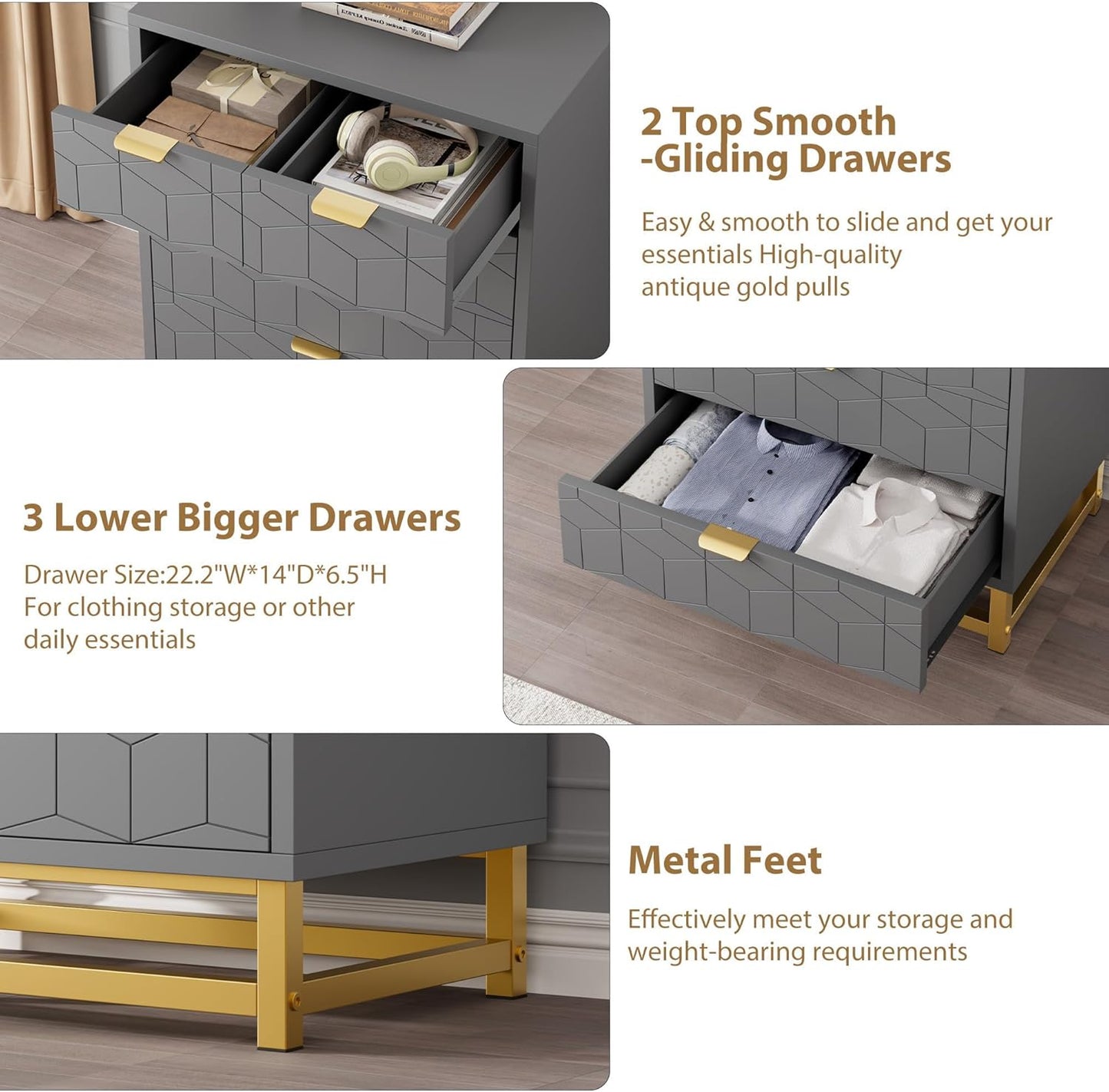 GAOMON Grey 5 Drawer Dresser for Bedroom, Chest of Drawers with Metal Base, Modern Dresser Chest Cabinet Organizer for Living Room, Hallway, Closet