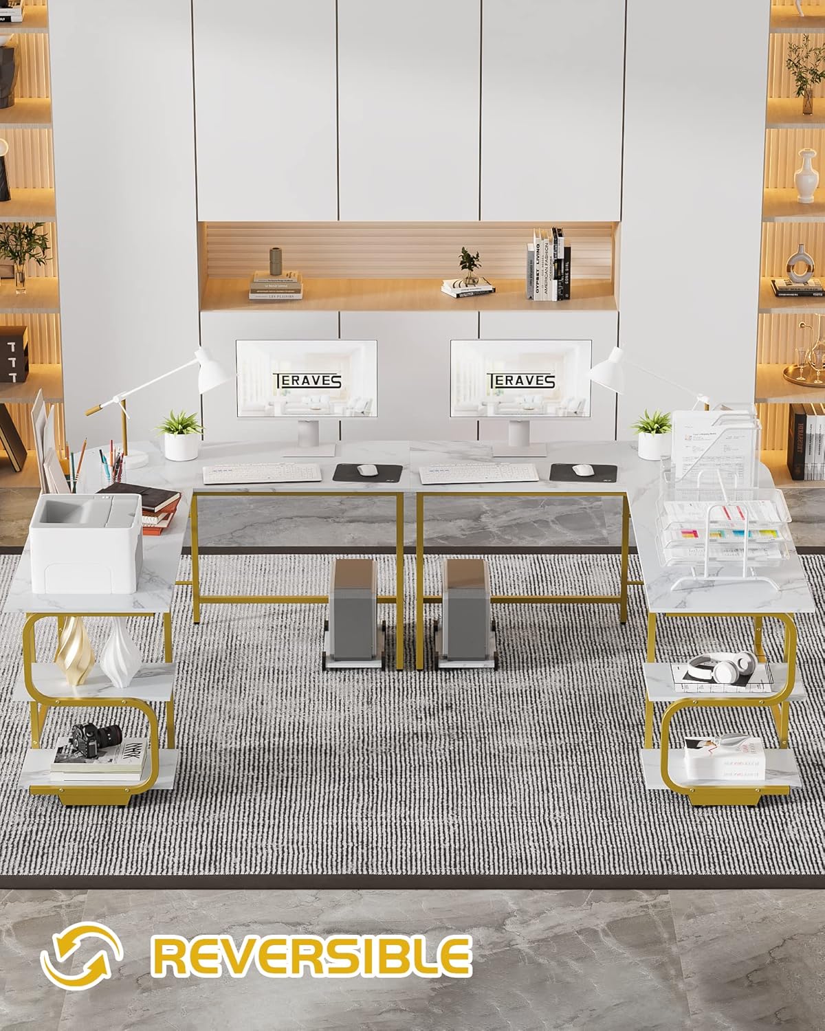 Teraves Reversible L Shaped Desk with Large Surface, 69 Inch Sturdy Corner Desk with Storage Shelves, Premium Office Computer Desk Workstation for Home Office Gaming