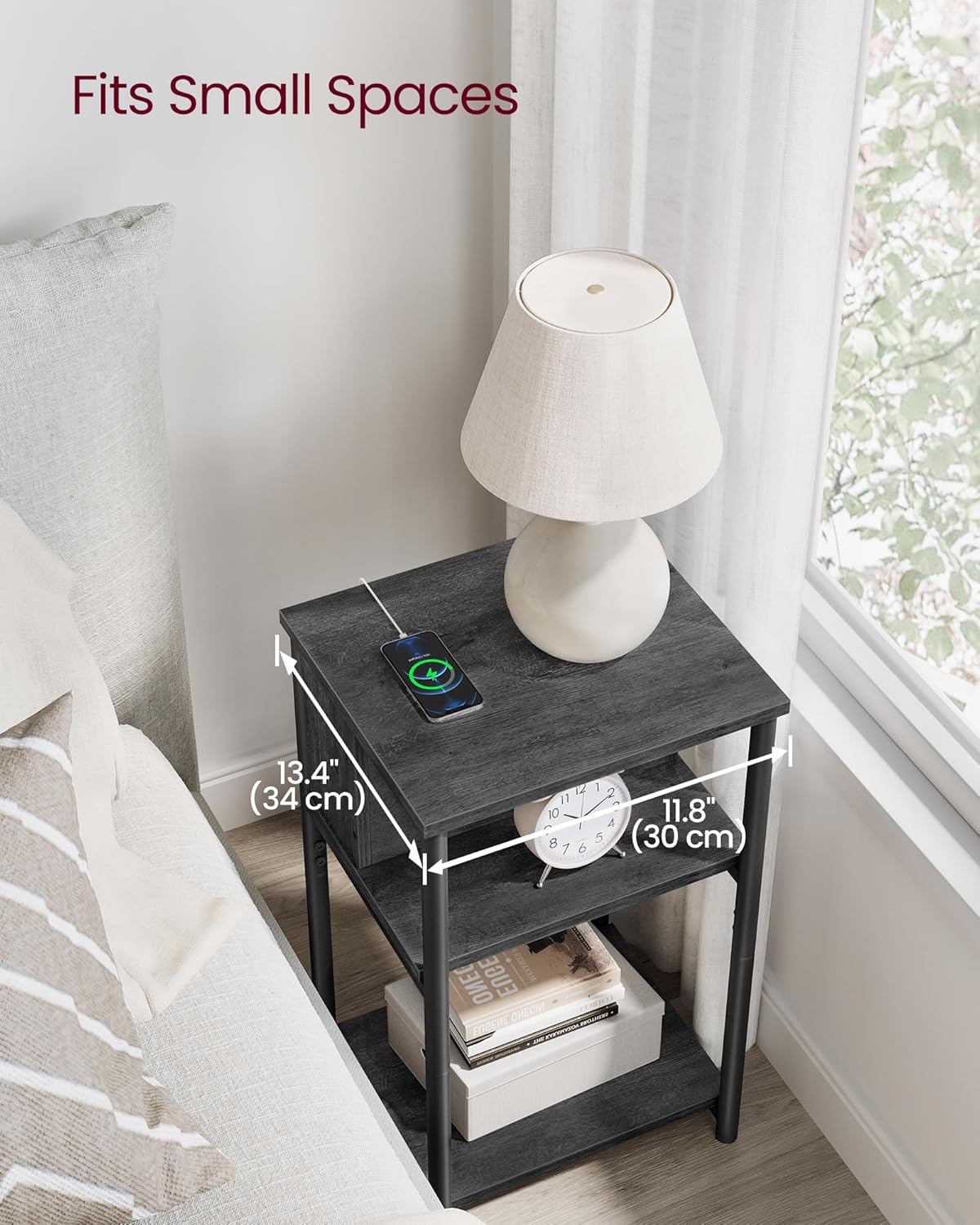 VASAGLE Side Table with Charging Station, 3-Tier End Table with USB Ports and Outlets, Nightstand for Living Room, Bedroom, 11.8 x 13.4 x 22.8 Inches, Plug-in Series, Misty Gray and Black