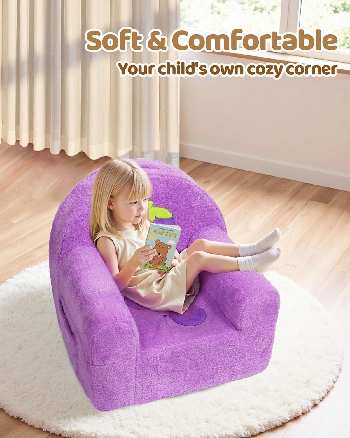 Toddler Chair, Comfy Foam Kids Couch with Soft Velvet Cover, Toddler Couch with Cute Grape Design for Gaming and Studying, Kids Sofa for Boys and Girls