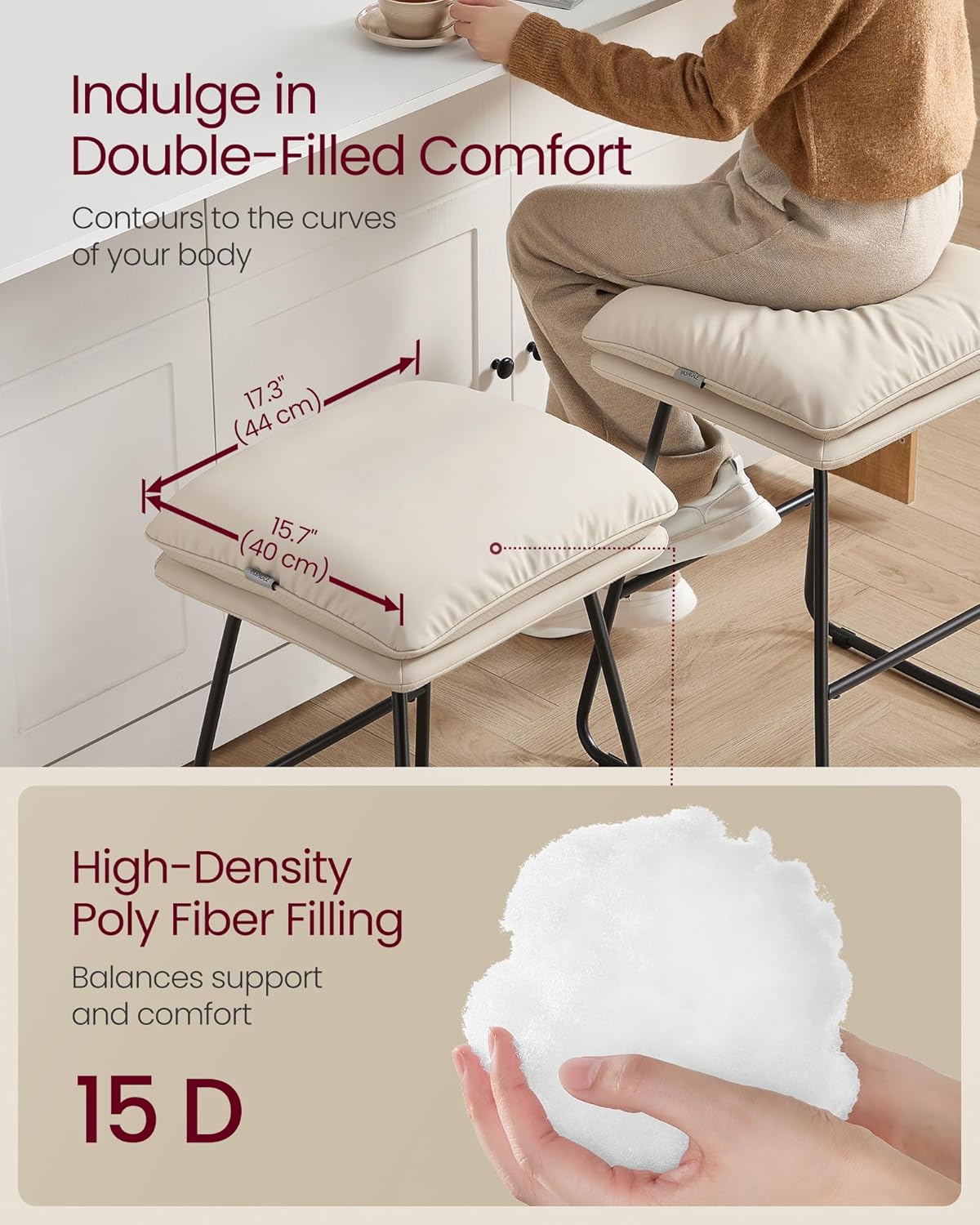 VASAGLE Bar Stools Set of 2, Counter Height Bar Stools, Leather Counter Stools Barstools with Soft Cushion and Metal Sled Legs, 25.6 Inches Bar Height Bar Chairs for Kitchen Island, Cappuccino Beige