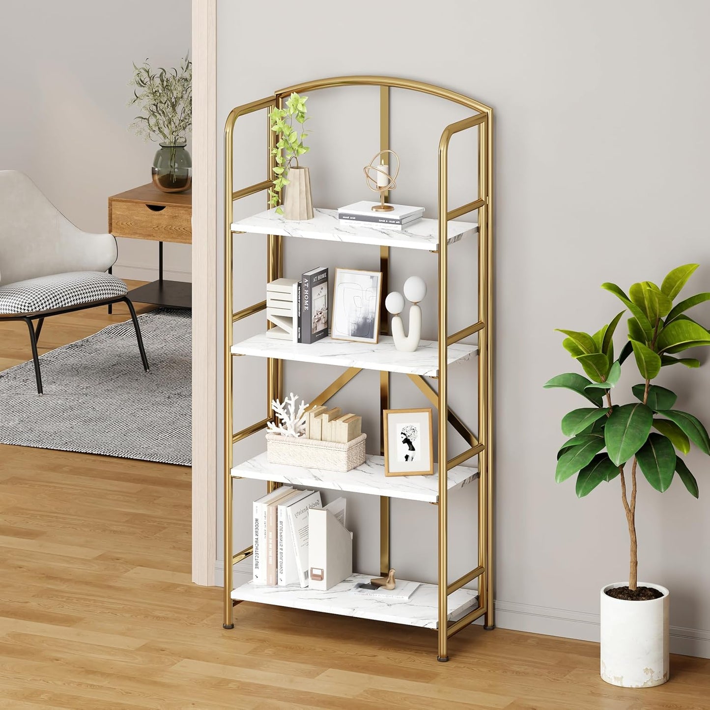 No-Assembly Folding Gold Bookshelf Storage Shelves Multifunctional Plant Flower Stand Storage Rack Shelves Bookcase for Home Office