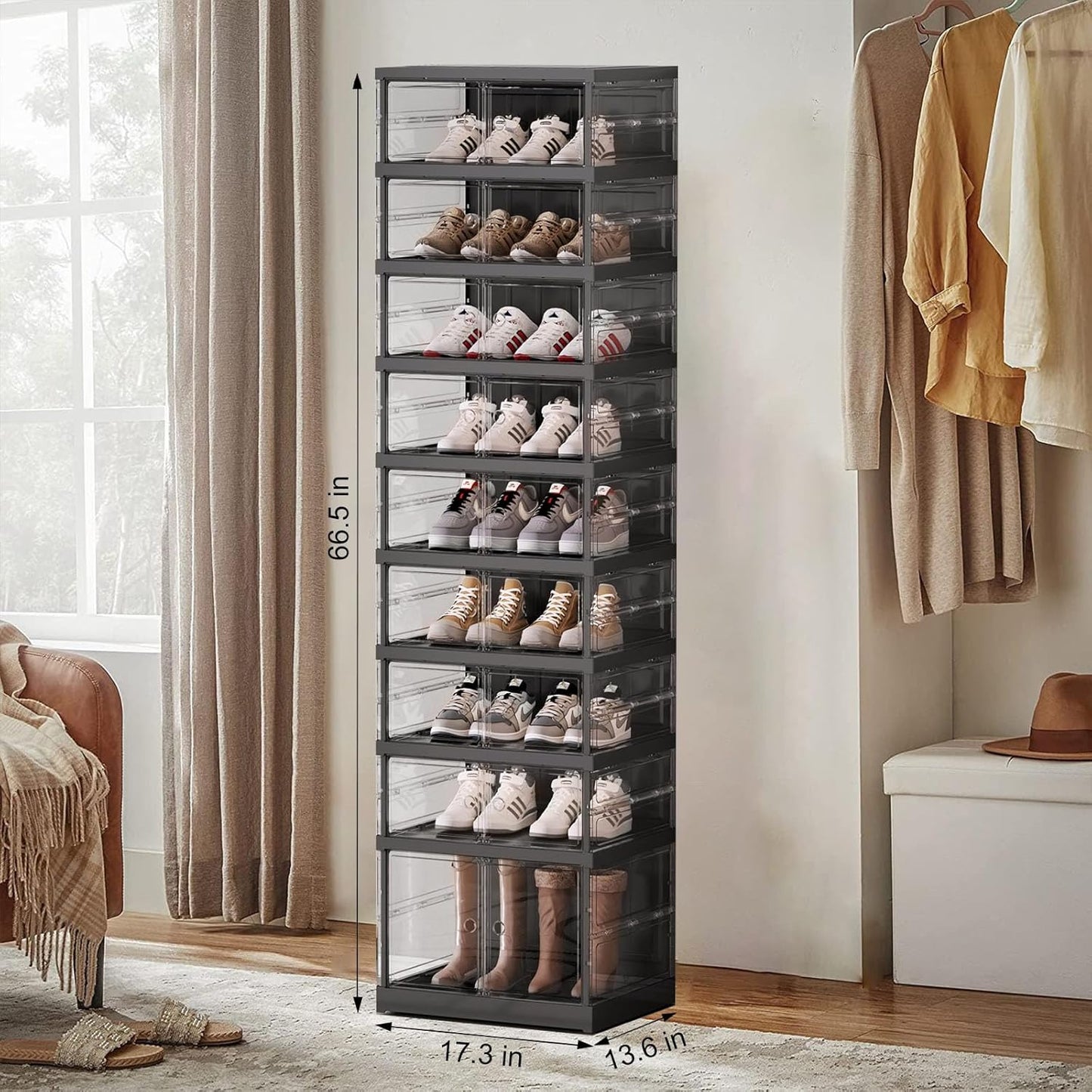 ELPHECO 9 Tier 18 Pairs Foldable Shoe Rack - Clear Shoe Rack Organizer, Folding Entryway Shoe Cabinet, Collapsible Sneaker with Magnetic Doors, Stackable Shoe Shelf,Three-Sided Clear Shoe Box, Black