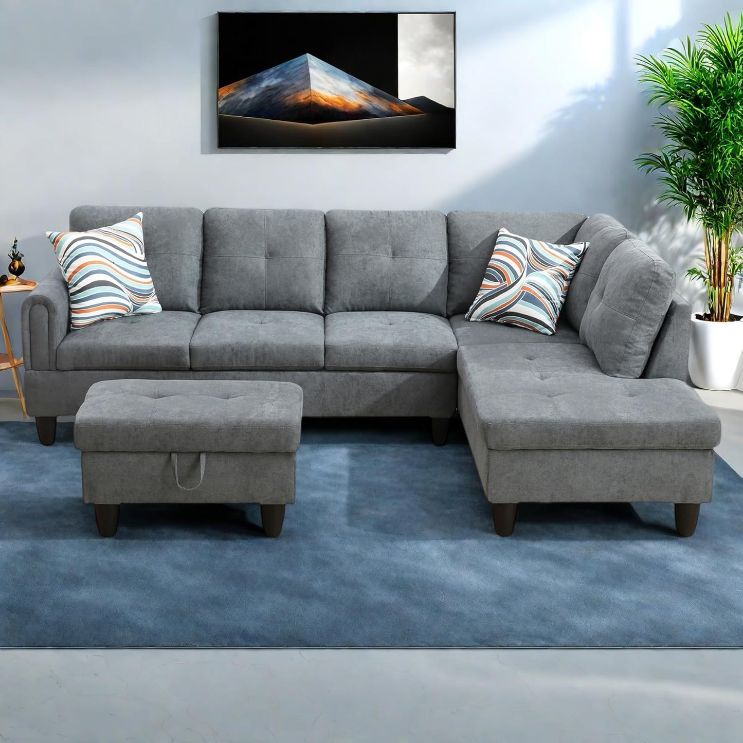 L-Shaped Sectional Sofa with Ottoman, Right-Facing Modern Microfiber Couch for Living Room, Bedroom, Office, Gray-Blue