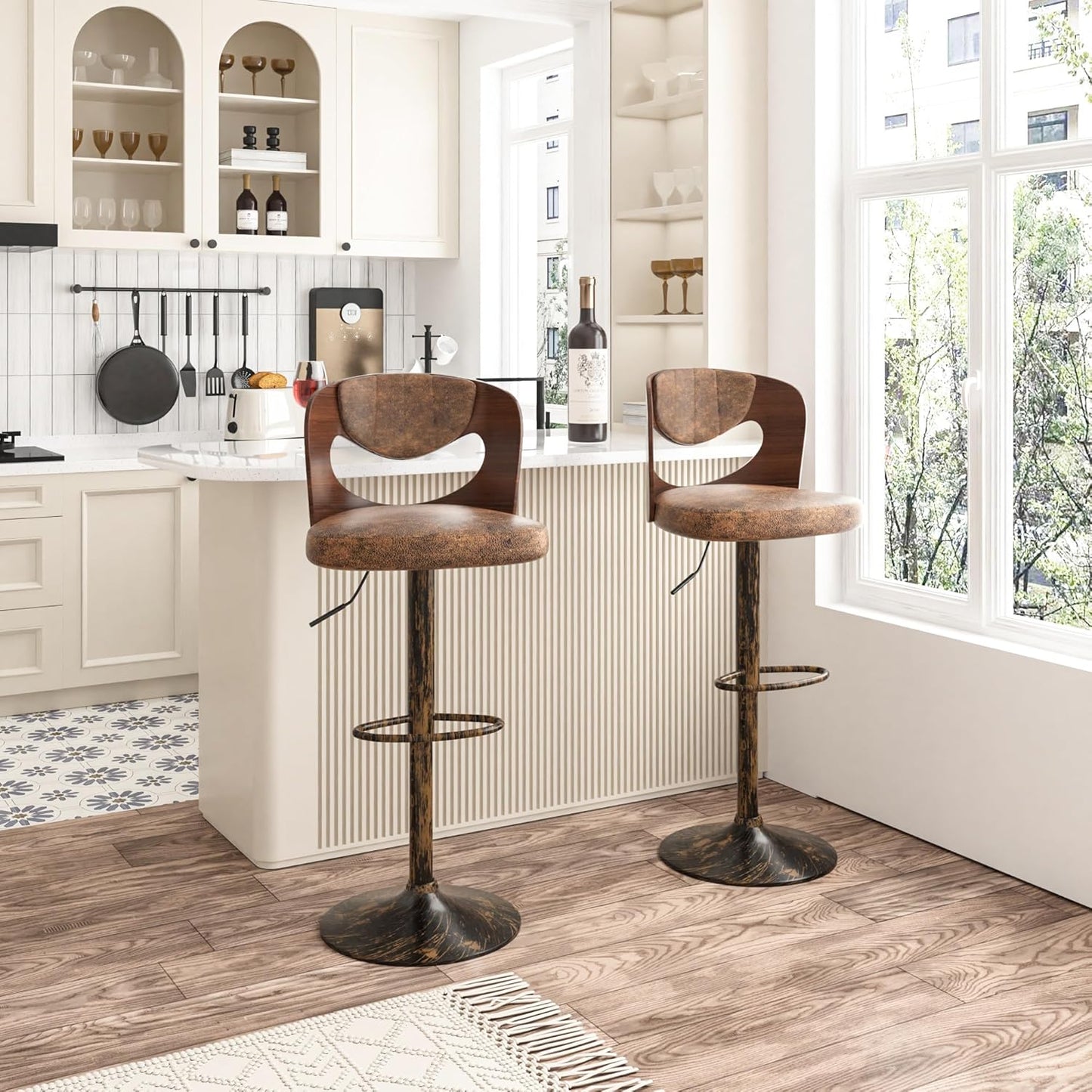 VECELO Bar Stools Set of 2,Kitchen Island Stools with Bentwood Back,Arm&Footrest,Counter Height Stools PU Leather Adjustable Height,Swivel Bar Chairs for Club Pub Dining Room,Dark Brown