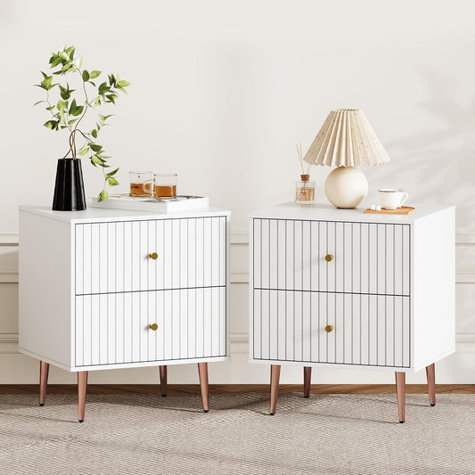 Black Night Stand Set 2,Fluted Nightstand with Door and Open Storage Space,Modern Bedside Table and Wood End Side Table with Golden Metal Legs and Handles for Bedroom,Black (White, 2 Drawers)