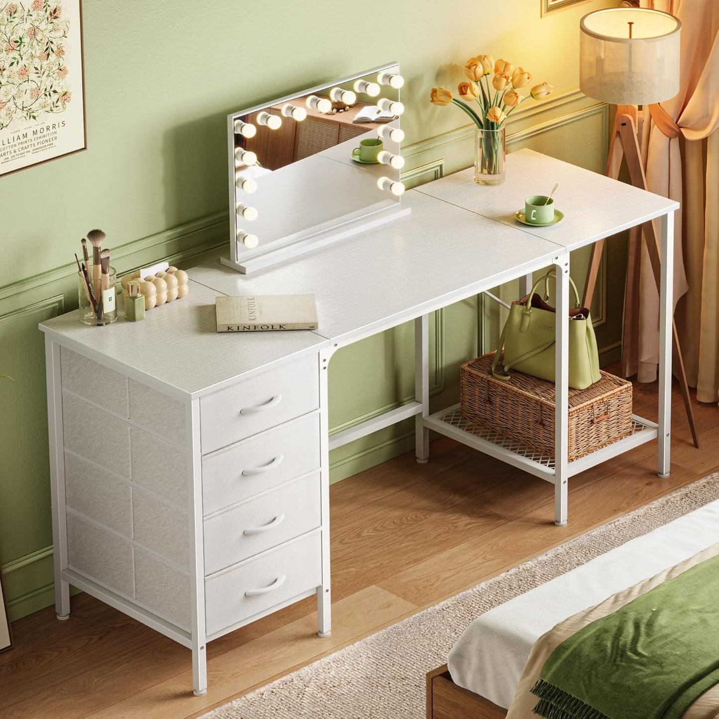 Huuger 63 Inch White Desk with 4 Drawers, Vanity Desk with Mesh Shelf, Large Storage, Computer Desk Office Desk for Home Office, Bedroom, Work from Home