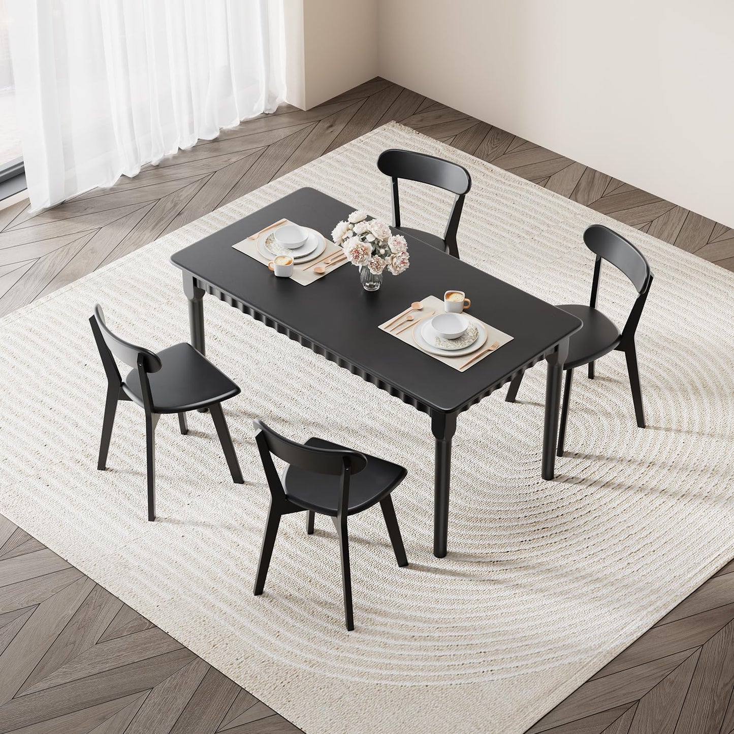 Solid Wood Dining Chairs Set of 4, Farmhouse Kitchen Chairs with Oak Backrest, Wooden Dining Room Chairs for Dining Room, Living Room, Non-Slip Foot Pads, Black