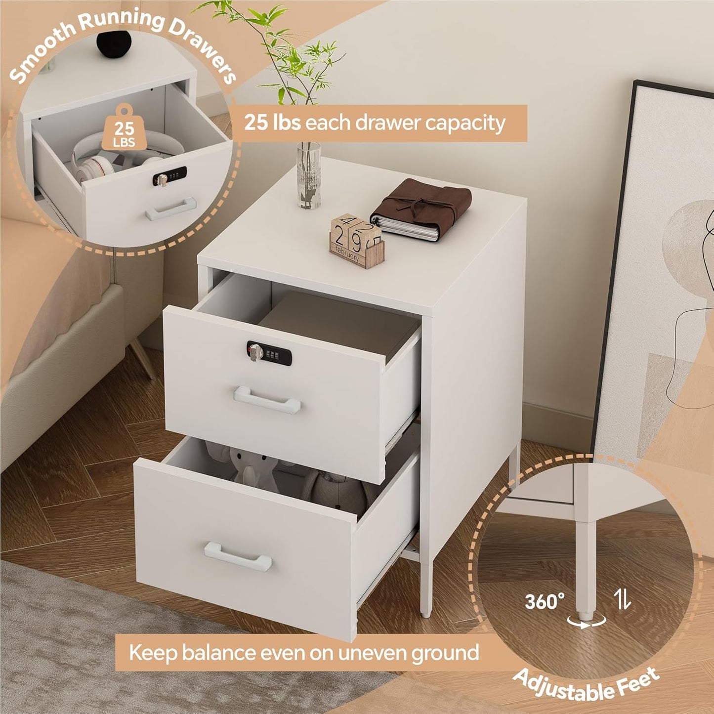 Nightstand,2 Drawer Metal Locker End Table Lockable Bedside Table Storage Cabinet for Bedroom, Dorm, 21.26”H X 15.75”W X 15.75”D (2 Drawer, White)