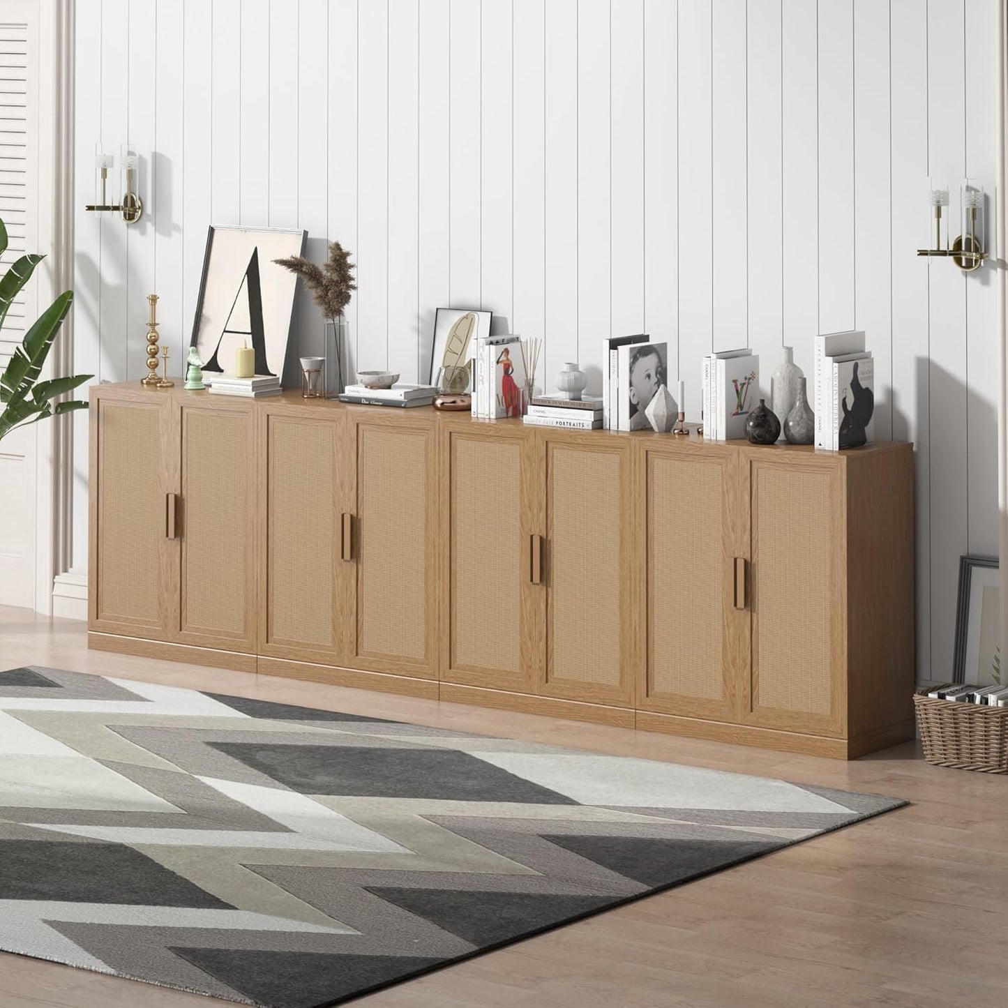 Buffet Cabinet, 4-Doors Sideboard Cabinet with Rattan Panels, Buffet Console Accent Table for Hallway Entryway Dining Room, 72", Oak