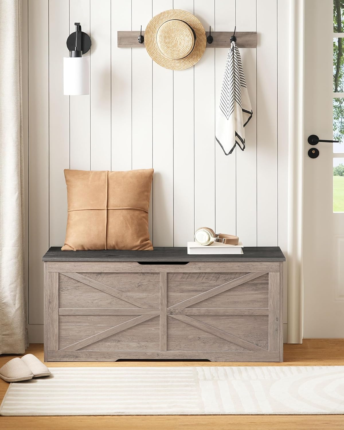 Storage Chest, 43.3" Wooden Storage Trunk, Retro Storage Bench with Safety Hinge, Toy Box, Farmhouse Style, for Bedroom, Living Room, Charcoal Gray and Greige MCW11HC