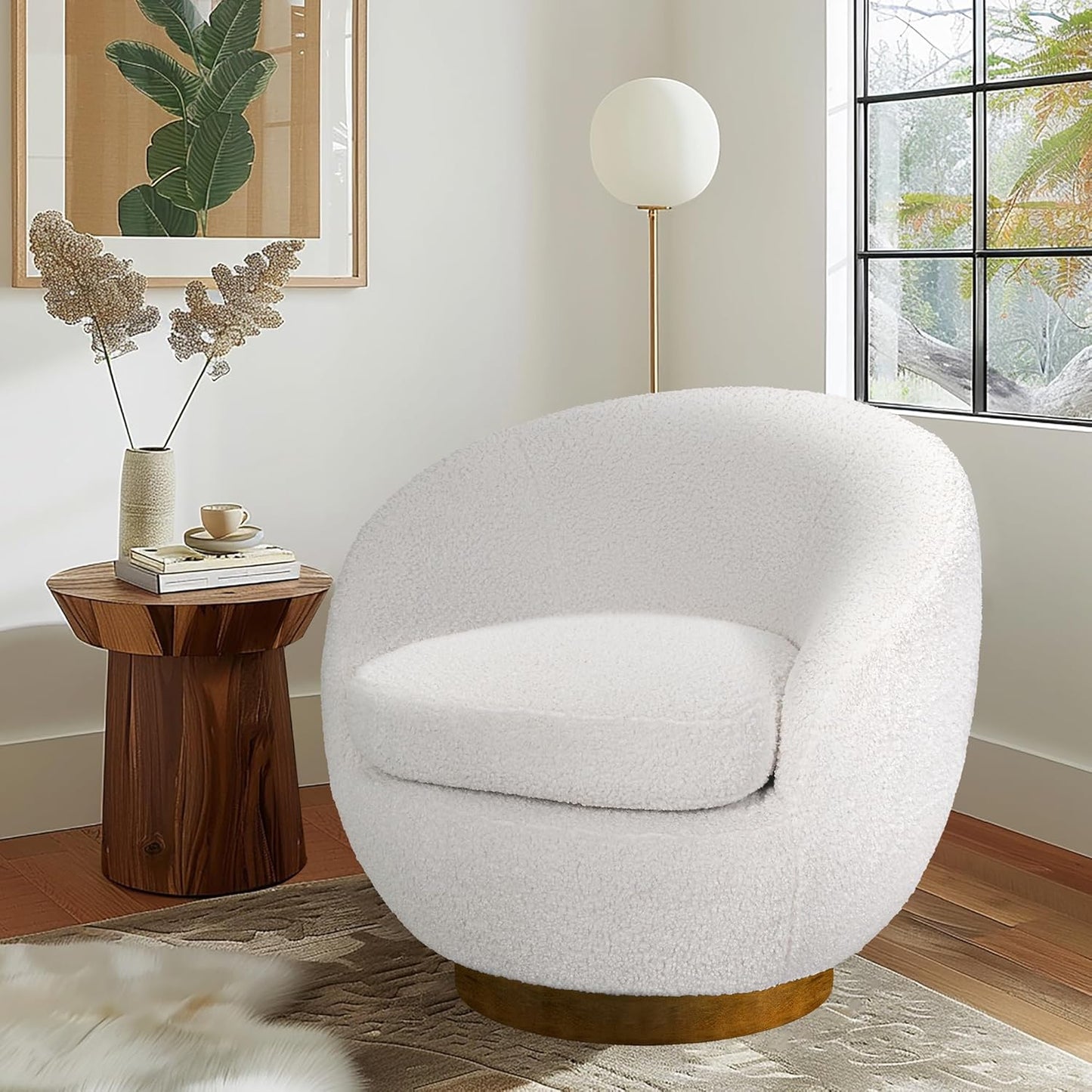 INK+IVY Jessel Swivel Accent Chair – Barrel Back Design, Sherpa Upholstery, 360-Degree Wood Base, Modern Lounge Seating for Living Room or Bedroom, 32" W, Cream