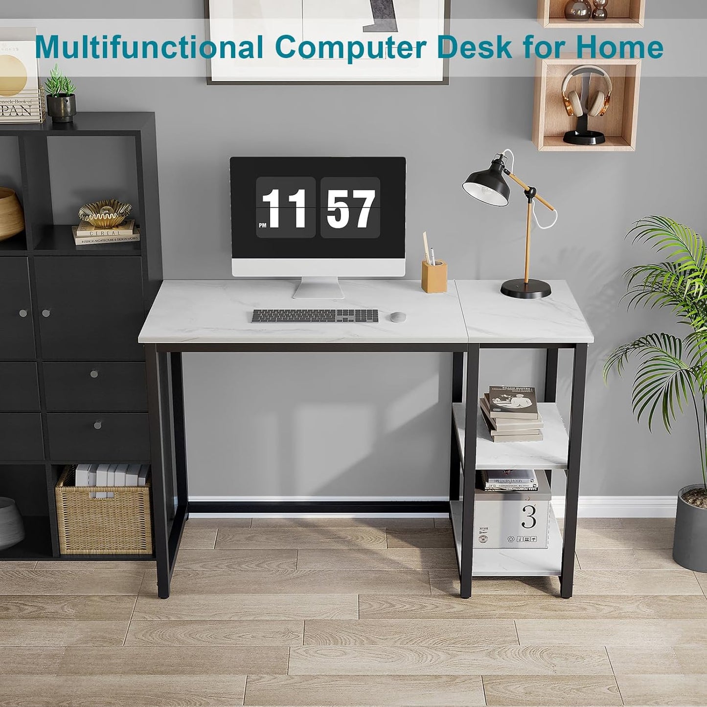 SINPAID Computer Desk 40 inches with 2-Tier Shelves Sturdy Home Office Desks with Large Storage Space Modern Gaming Desk Study Writing Laptop Table, Black Marbling (White Marble, 40 inch)