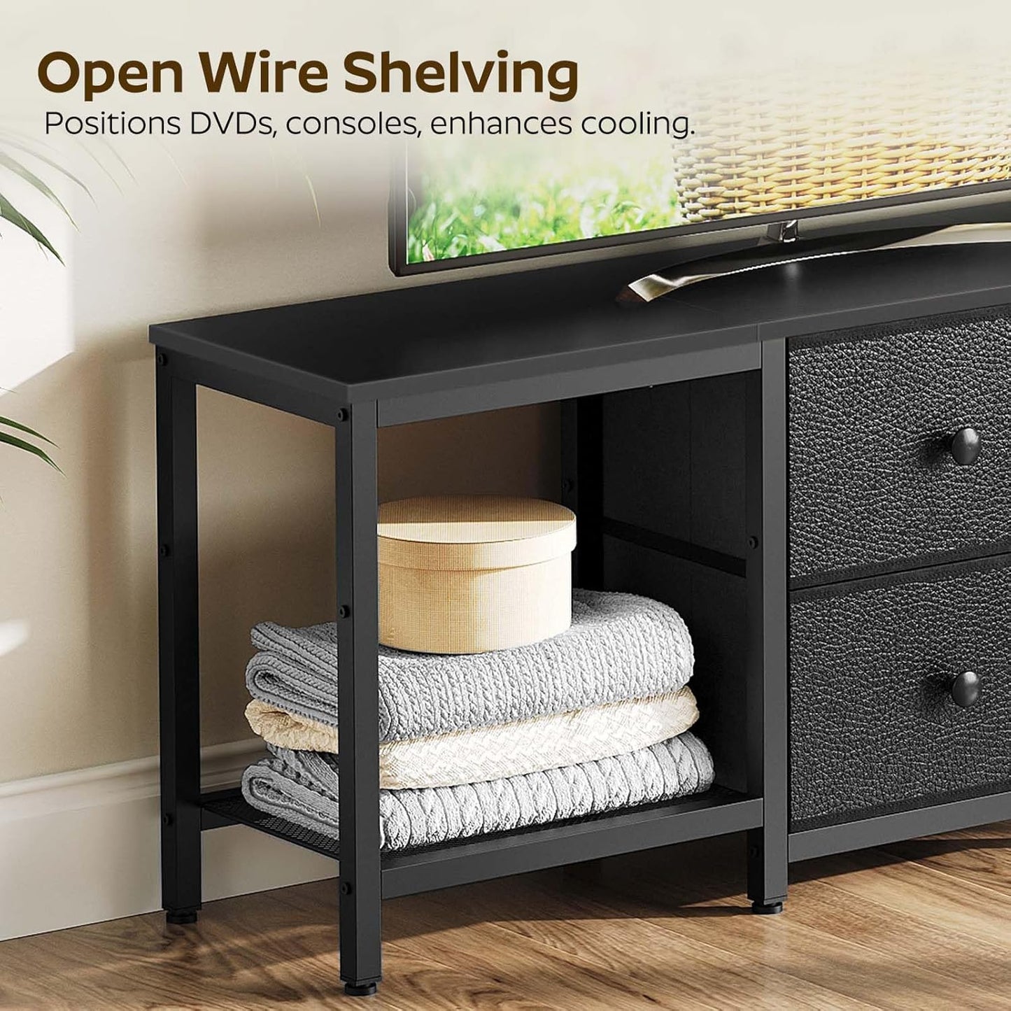 TV Stand for TVs up to 55", Entertainment Center with 2 Fabric Drawer, Media Console with Shelves, Television Stands for Living Room, Bedroom, Black DS02BB