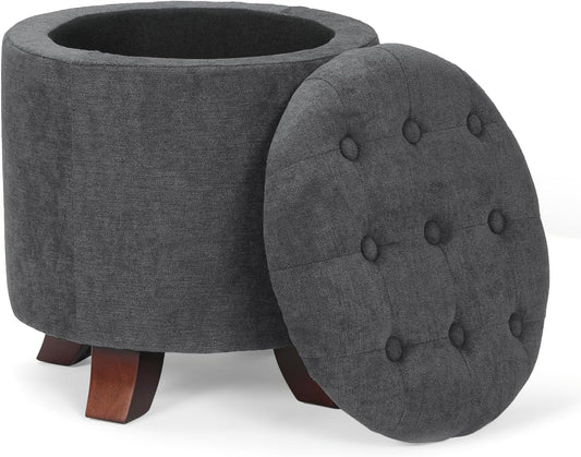 Athena Collection 15 Inch Small Ottoman with Storage, Round Linen Fabric Storage Ottoman Foot Rest with Removable Lid, Multipurpose Footstool Footrest for Living Room, Bedroom, Dorm, Dark Grey