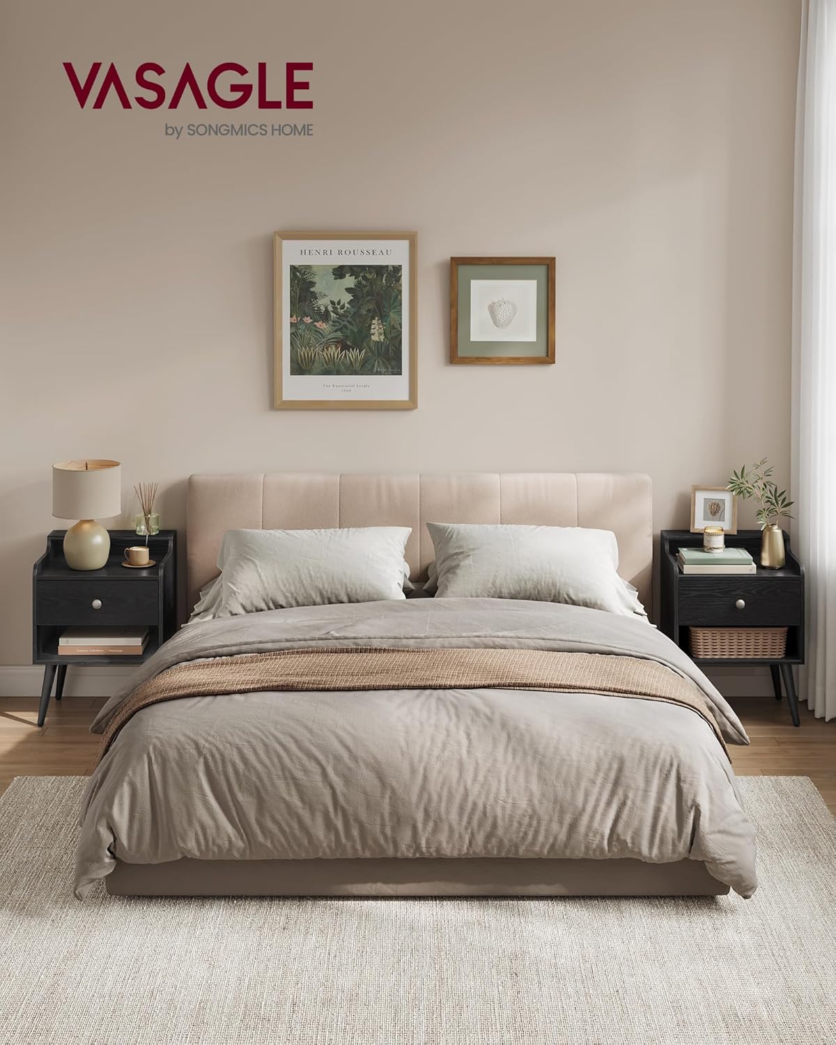 VASAGLE Nightstands, Set of 2, Bedside Tables with Hidden Drawers, Mid-Century End Side Tables with Solid Wood Legs, for Bedroom, Ebony Black ULET624B01