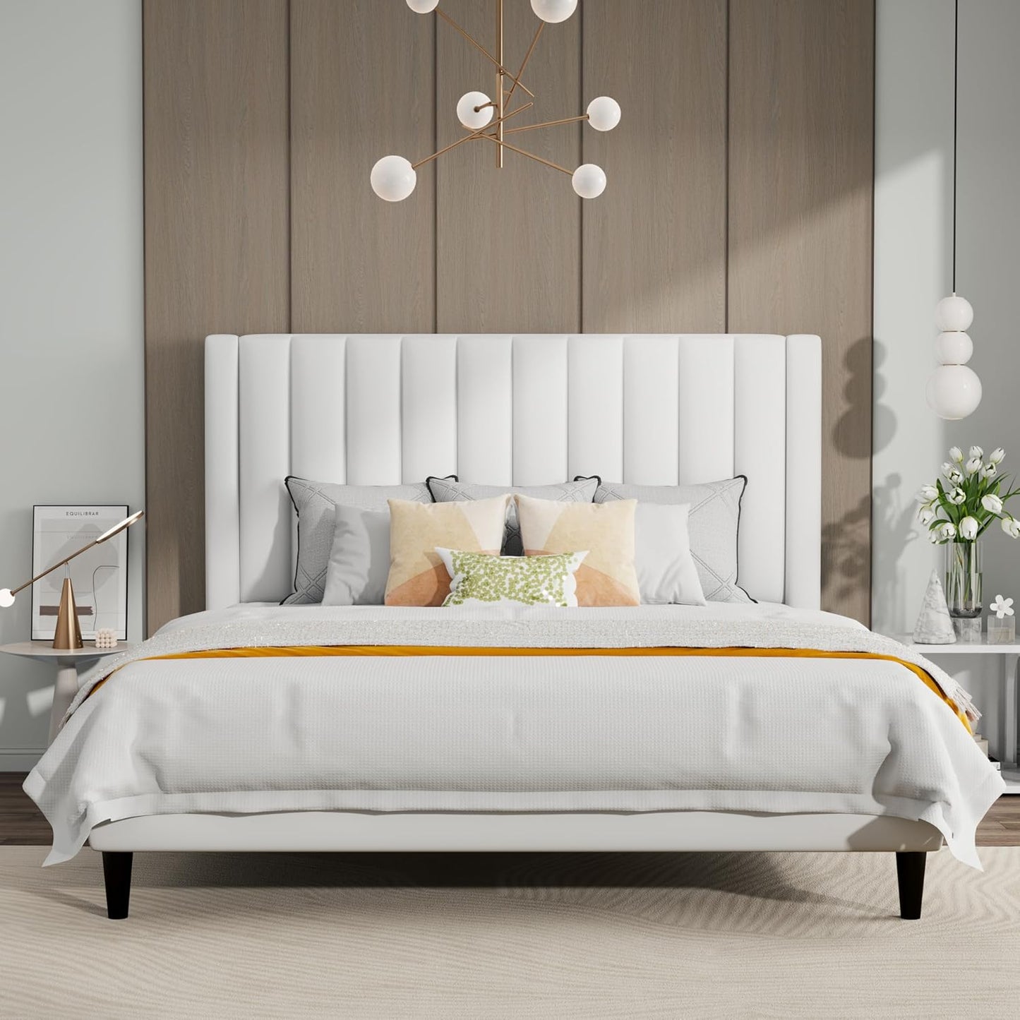 SHA CERLIN King Bed Frame/Velvet Upholstered Platform Bed Frame with Headboard/Strong Wood Slats Support/Mattress Foundation/No Box Spring Needed/Easy Assembly/White