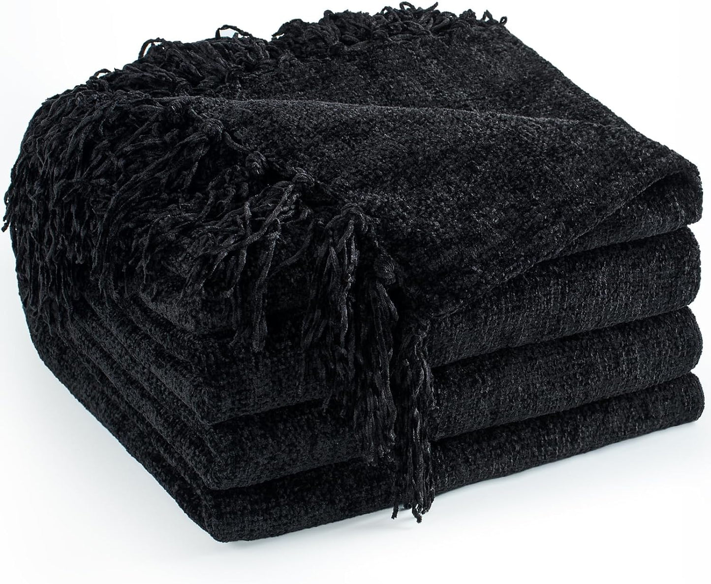Chenille Throw Blanket for Couch 50"X 60", Soft Cozy Throws with Fringe Tassel for Bed Sofa Chair Cover, Lightweight Knitted Decorative Boho Blankets for Living Room, Black