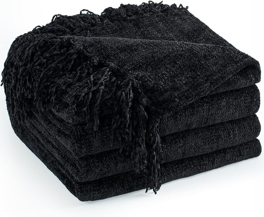 Chenille Throw Blanket for Couch 50"X 60", Soft Cozy Throws with Fringe Tassel for Bed Sofa Chair Cover, Lightweight Knitted Decorative Boho Blankets for Living Room, Black