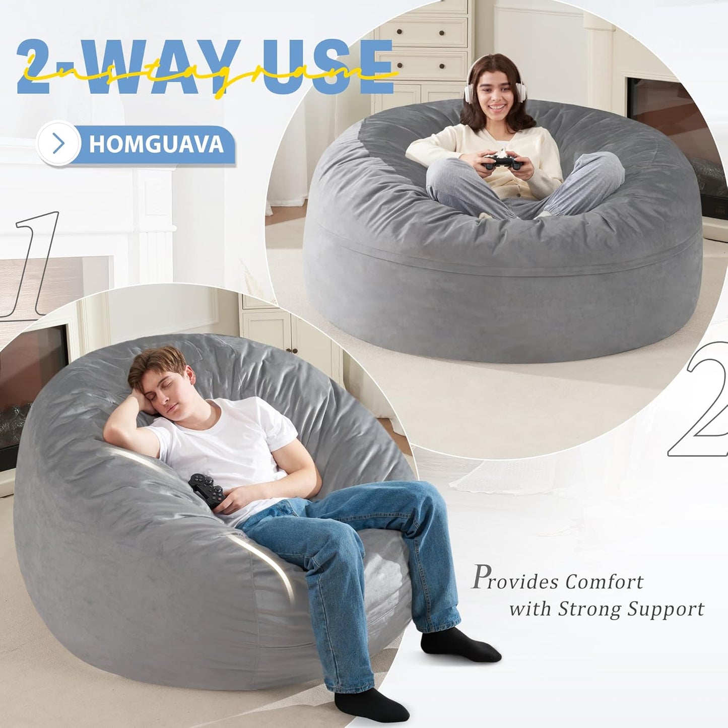 Homguava 5 FT Bean Bag Chair: 5' Bean Bags with Memory Foam Filled, Large Beanbag Chairs Soft Sofa with Dutch Velvet Cover-Light Grey