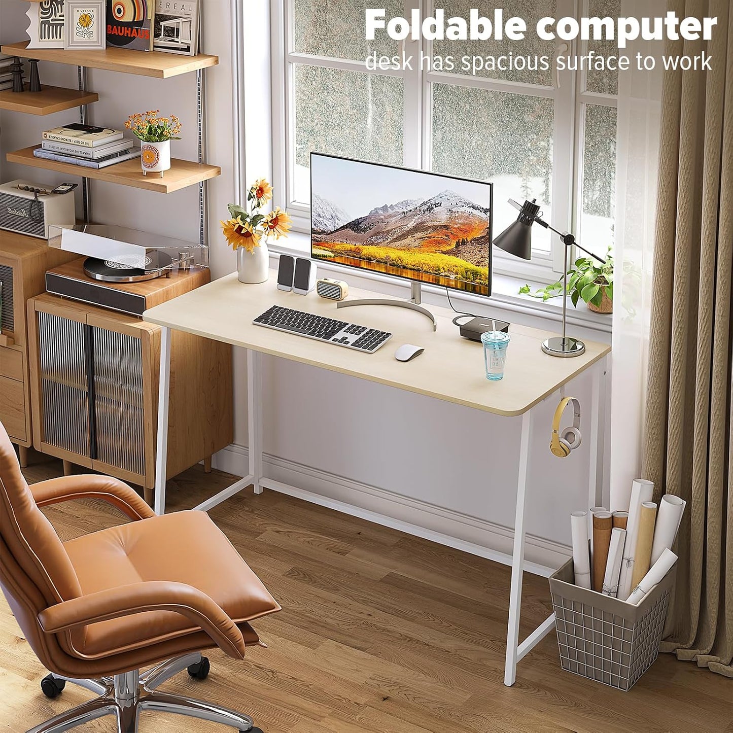 WOHOMO Folding Desk, Small Foldable Desk 47.2" for Small Spaces, Space Saving Computer Table Writing Workstation for Home Office, Easy Assembly, Oak
