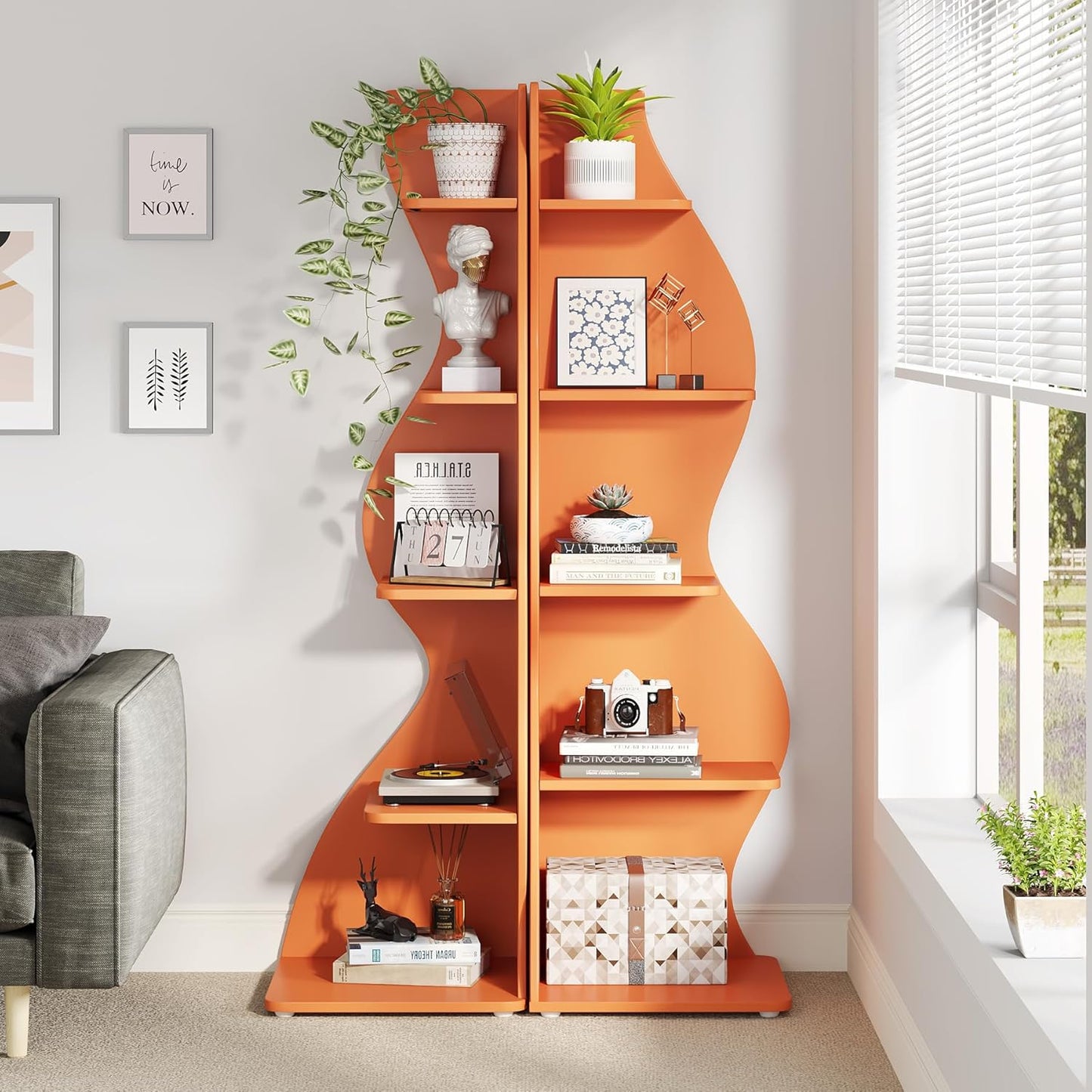 Tribesigns Corner Shelf, Modern 5-Tier Wall Corner Bookshelf, Stylish Corner Small Bookcase Storage Rack Plant Stand with Unique Shape for Living Room, Home Office (Orange, 2PCS)